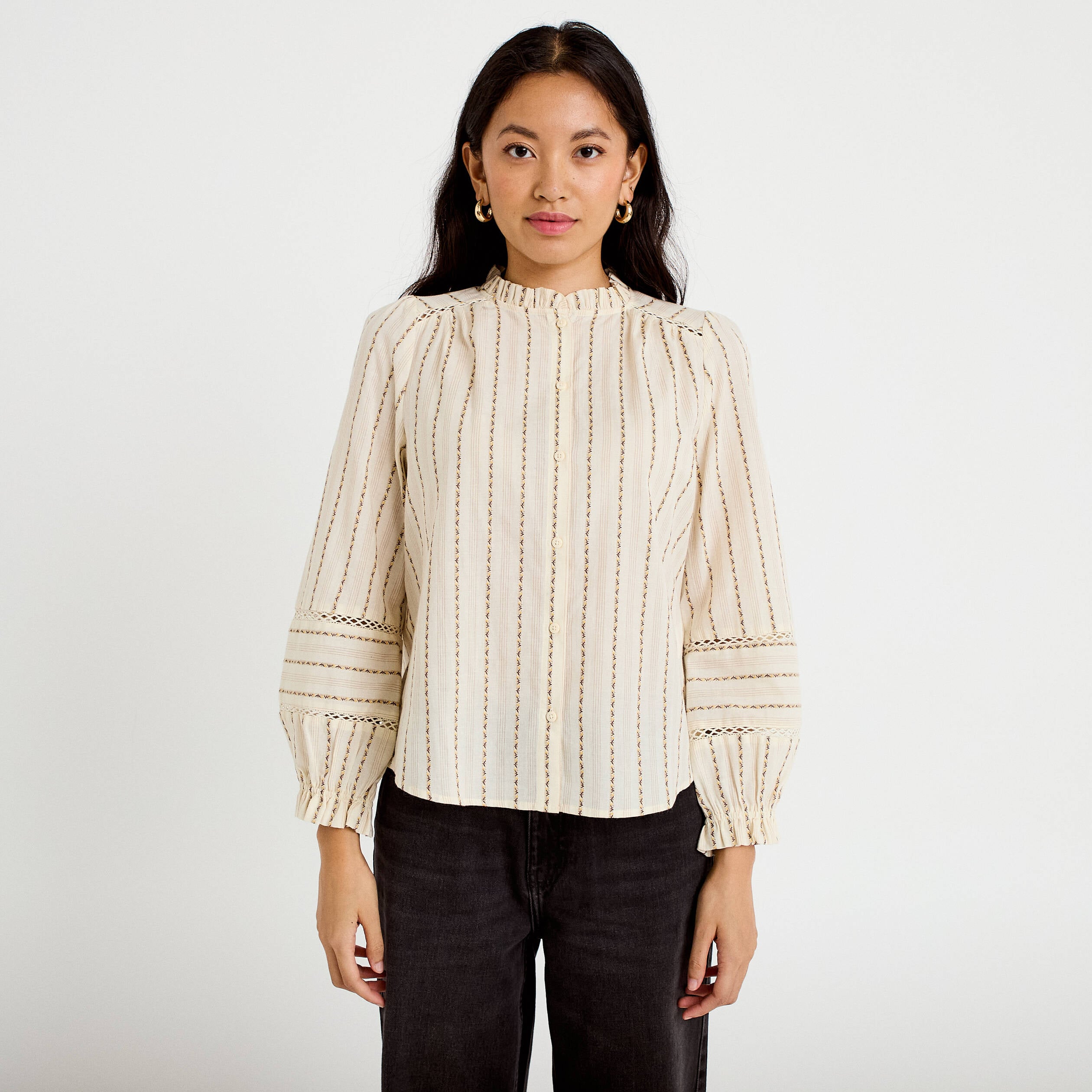 Blouse ajour&eacute;e manches longues marron femme