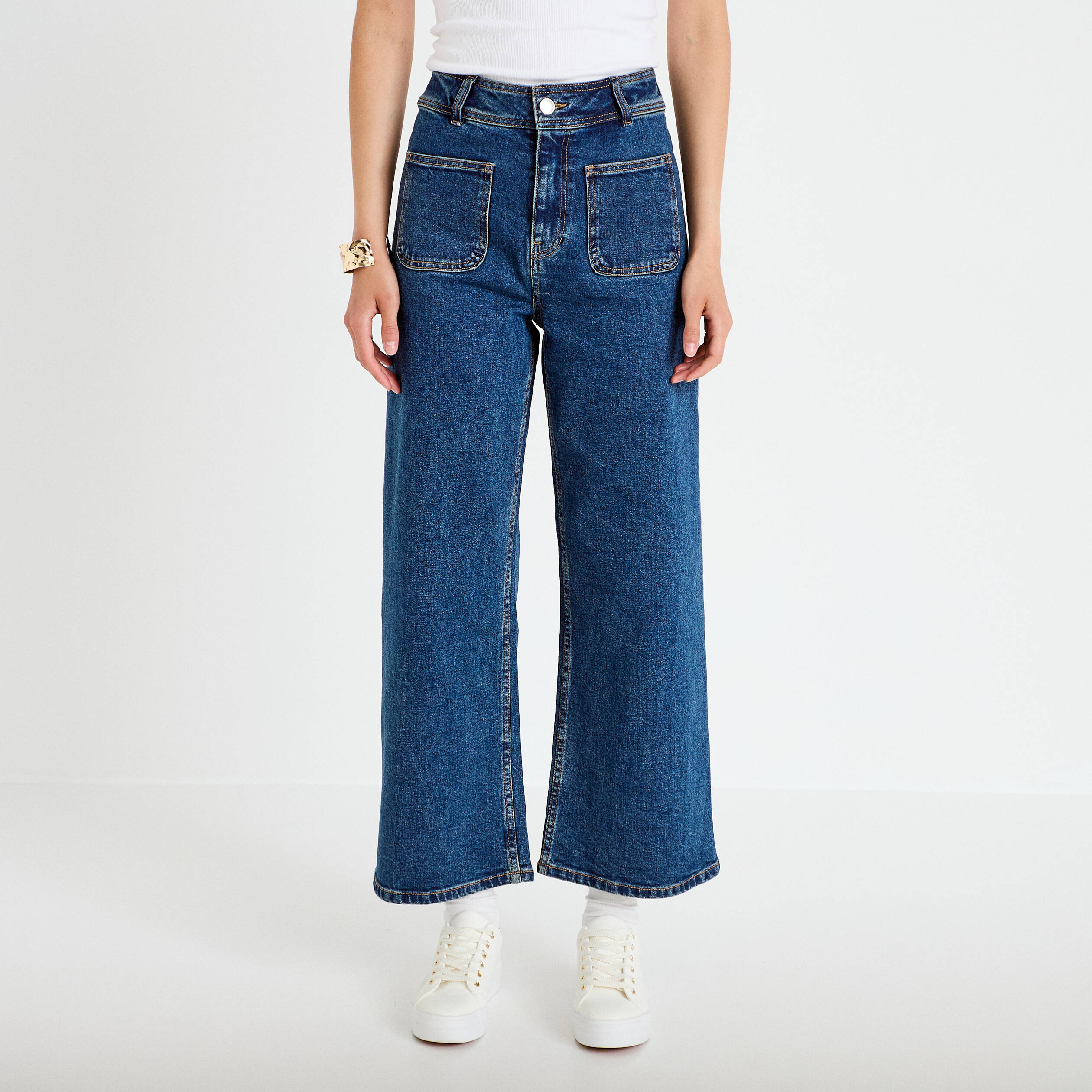 Jean wide leg cropped taille haute denim stone femme