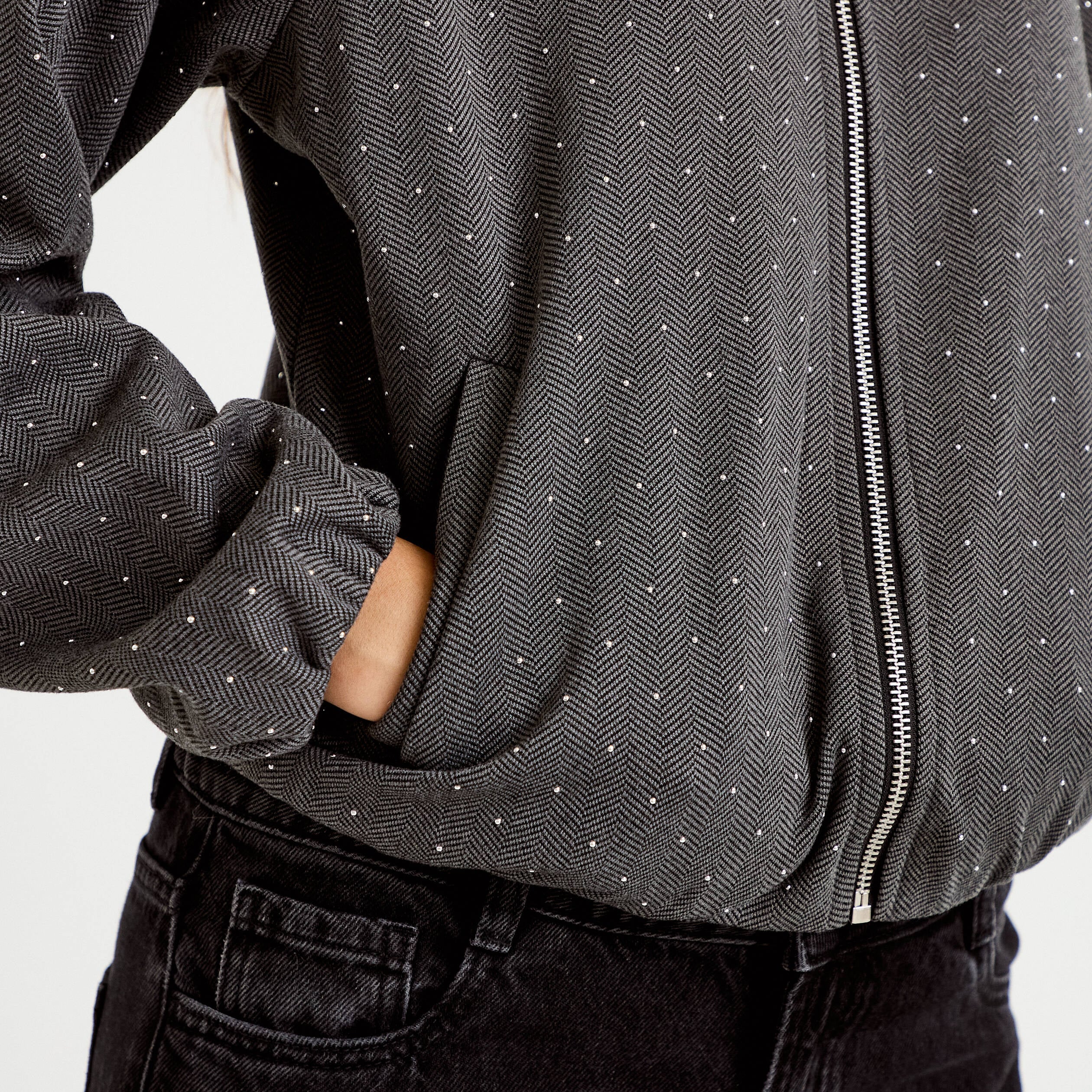 Veste effet boule col montant tweed noir femme