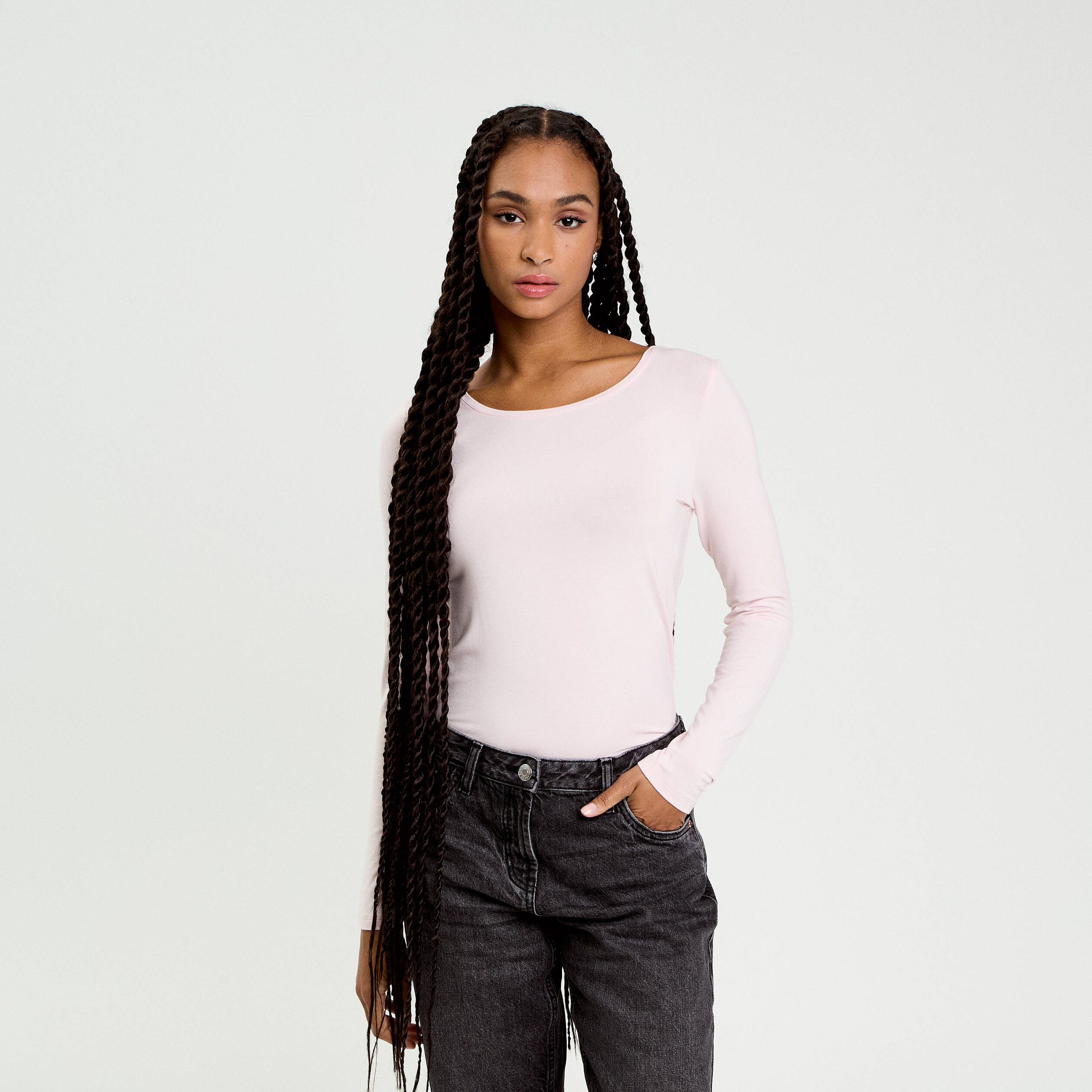 T-shirt uni &agrave; manches longues rose clair femme