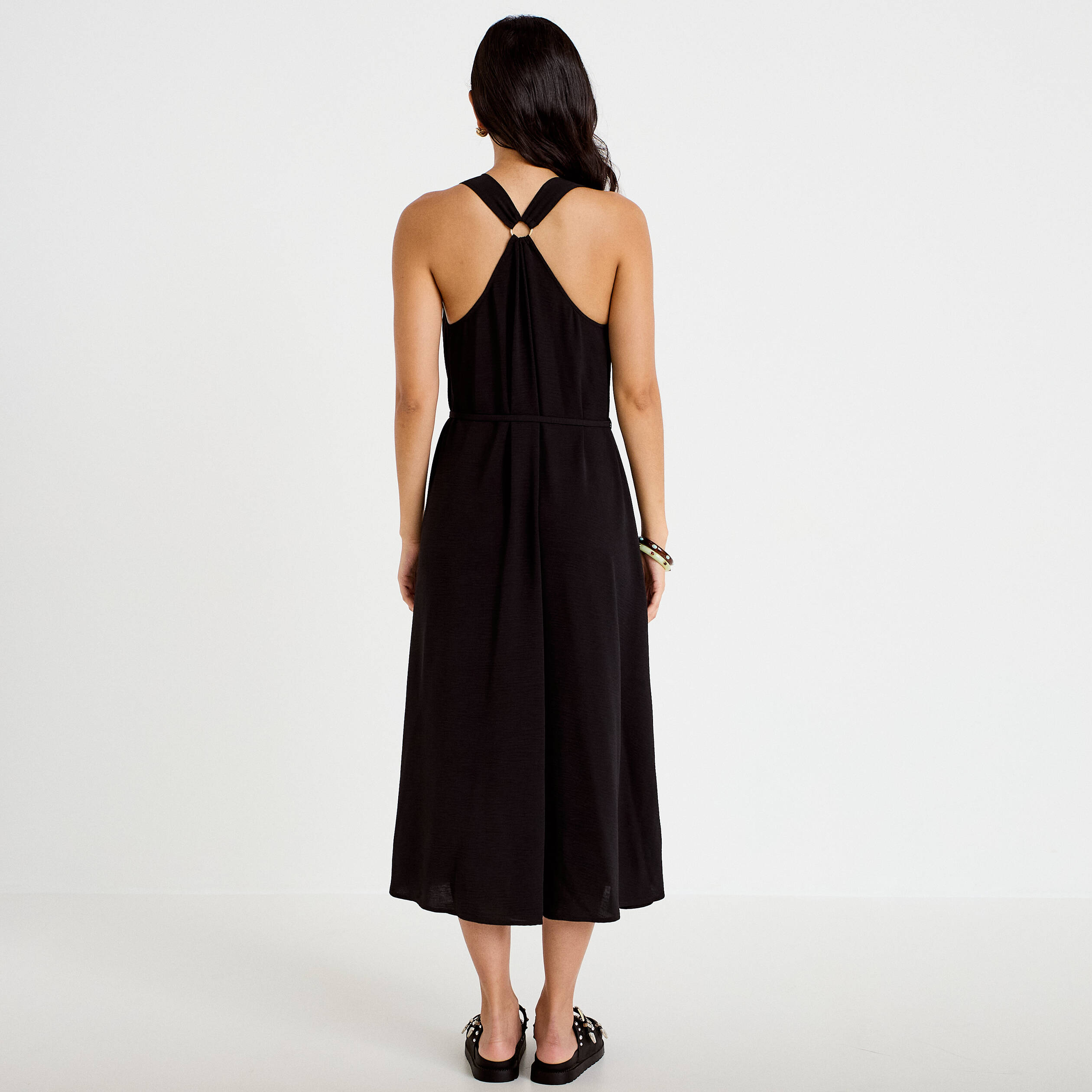 Robe longue droite col v bretelles fines noir femme
