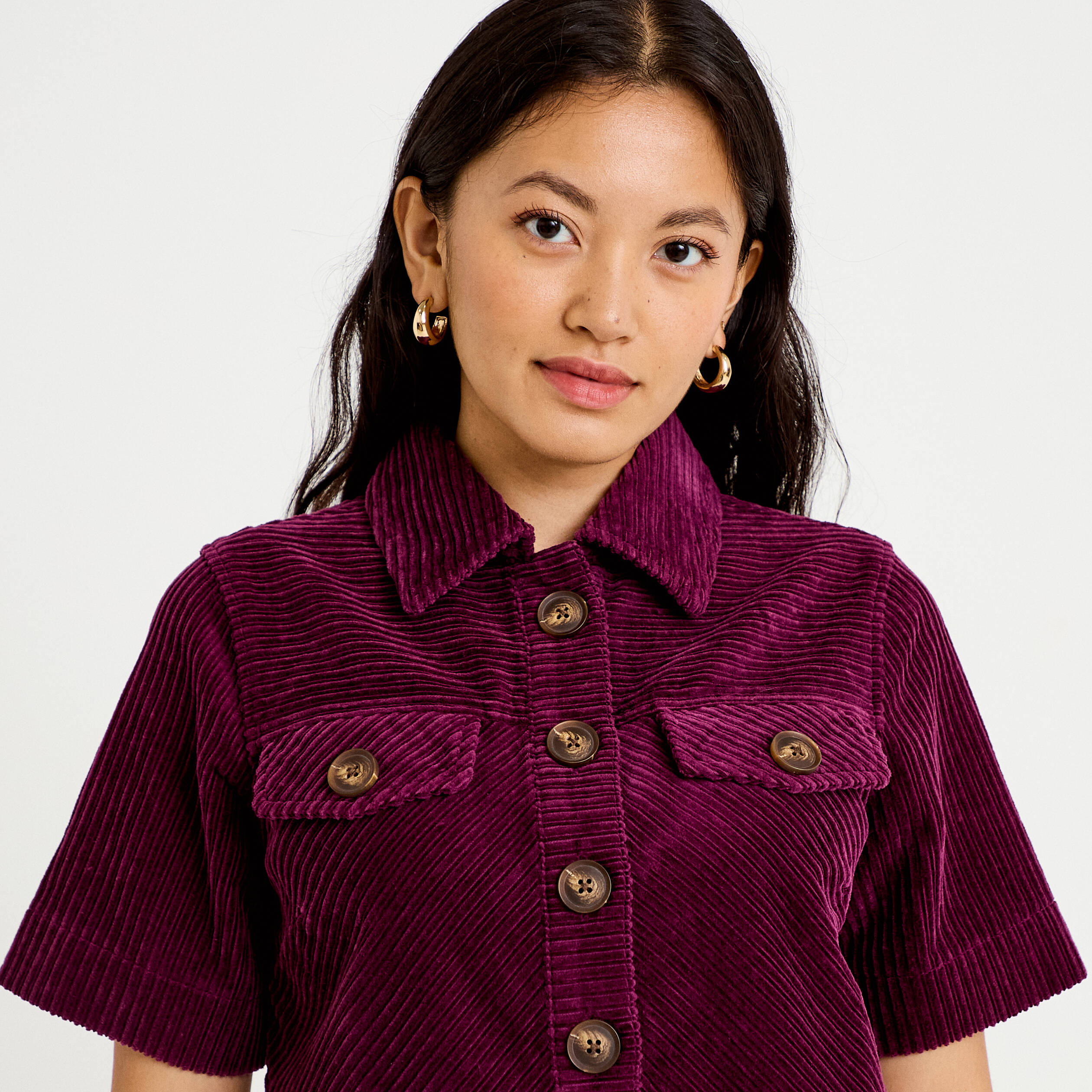 Robe courte droite en velours coton prune femme