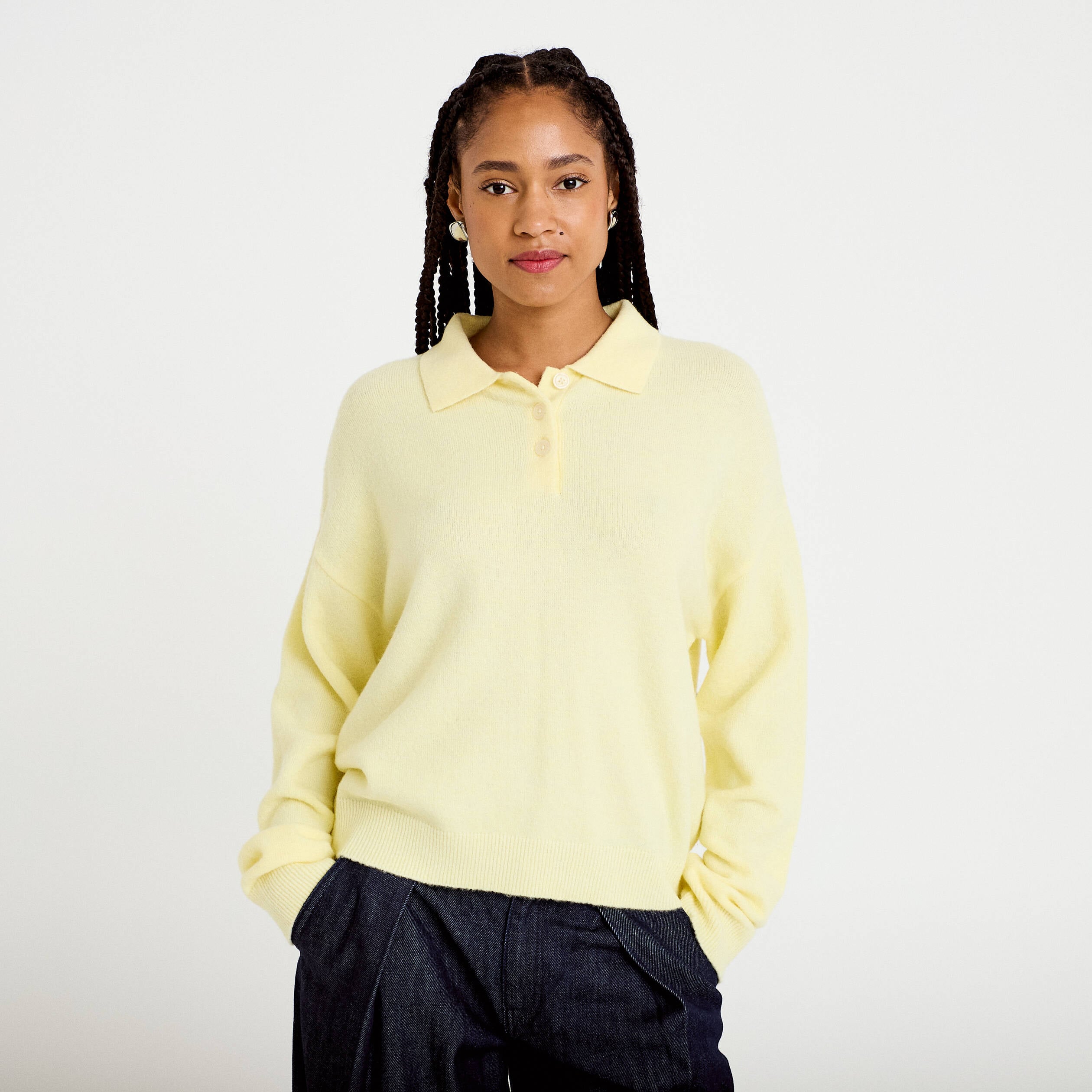 Pull col chemise manches longues jaune clair femme
