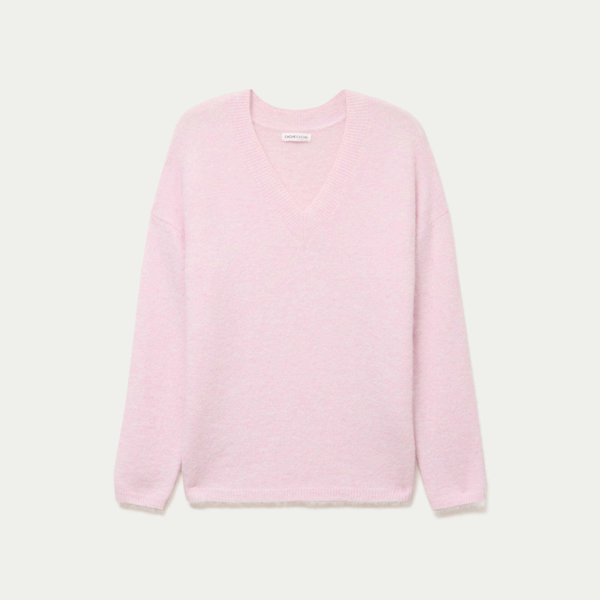 Pull col v manches longues rose clair femme