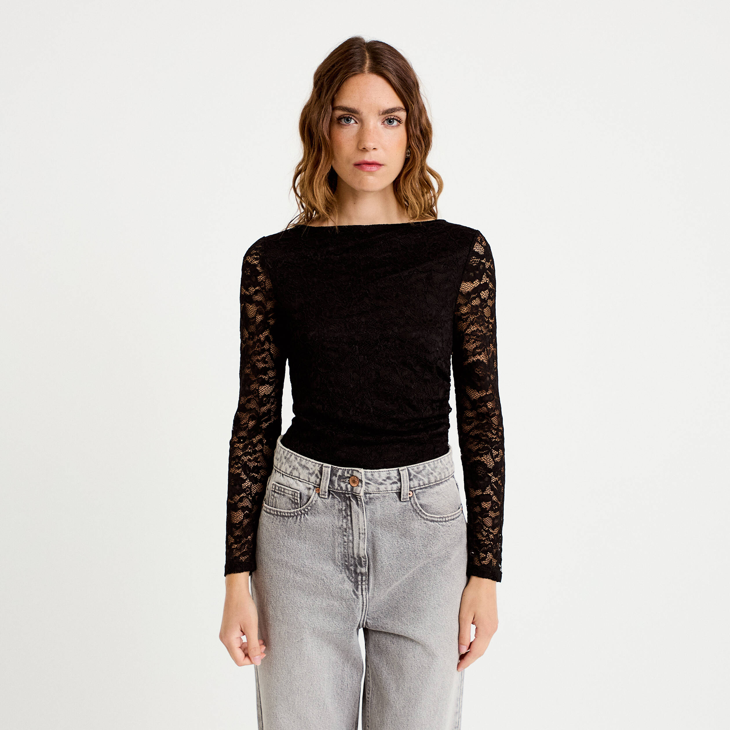 Body ajust&eacute; dentelle col bateau noir femme