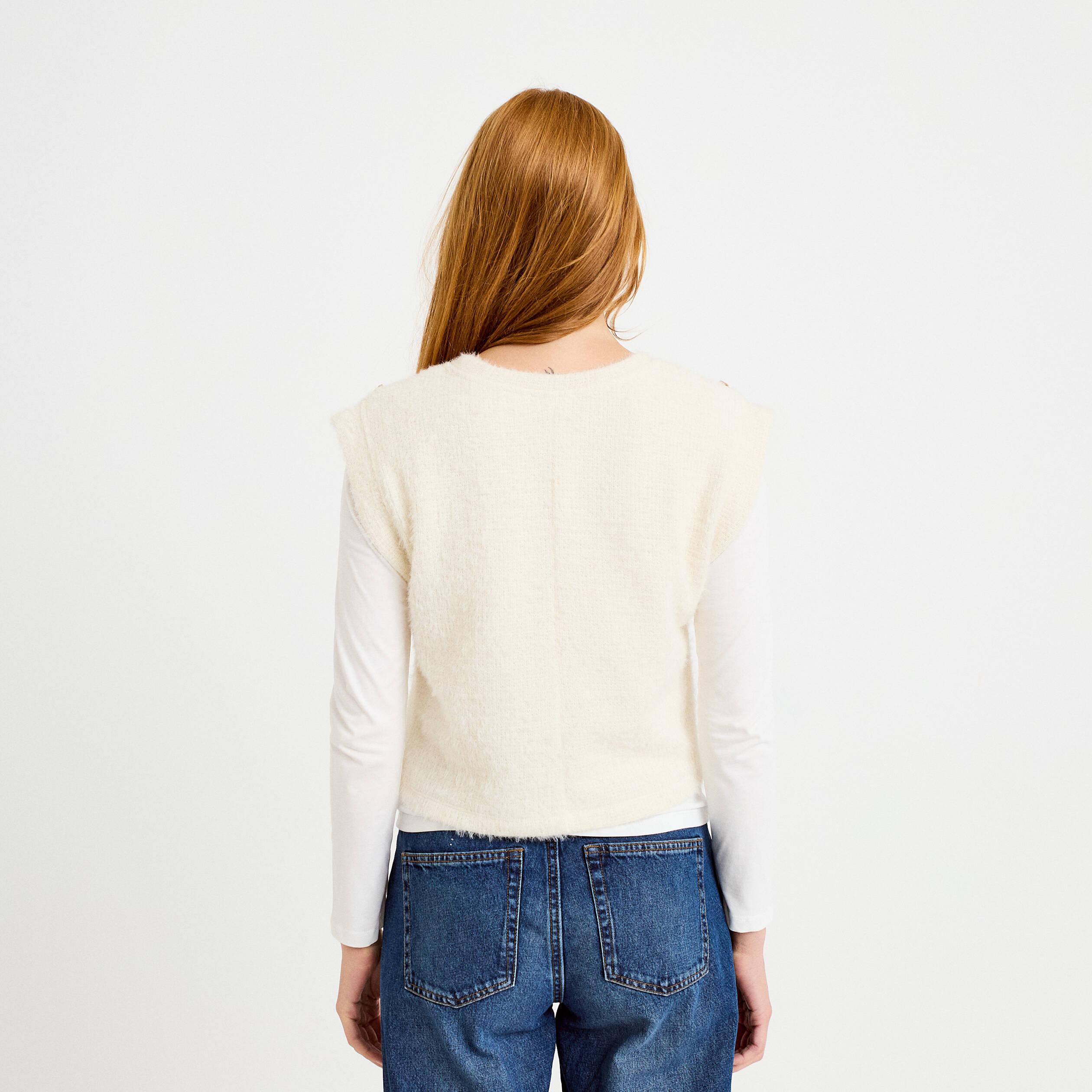 Pull 2-en-1 manches longues col rond ecru femme
