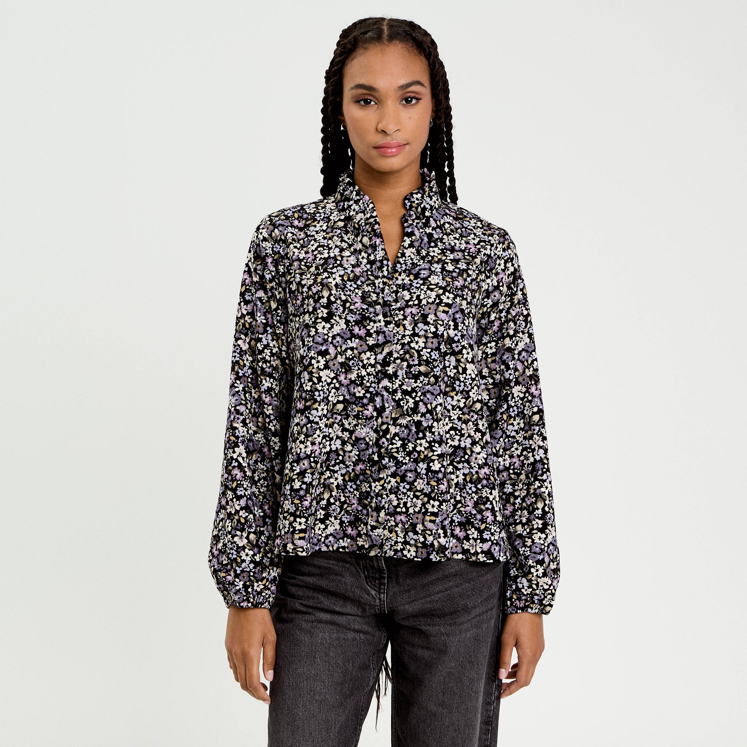 Blouse droite courte manches longues noir femme