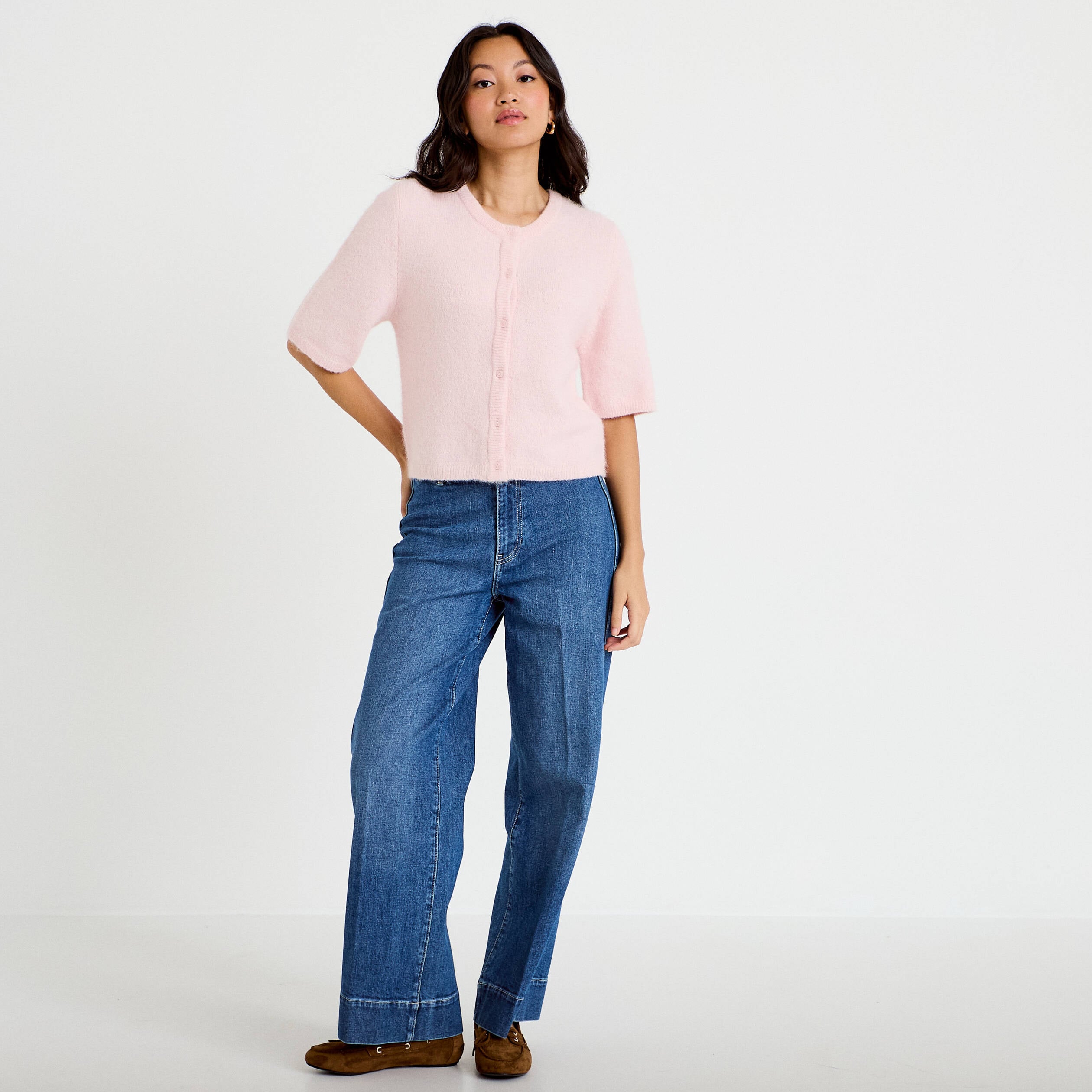 Gilet duveteux manches 3/4 rose clair femme