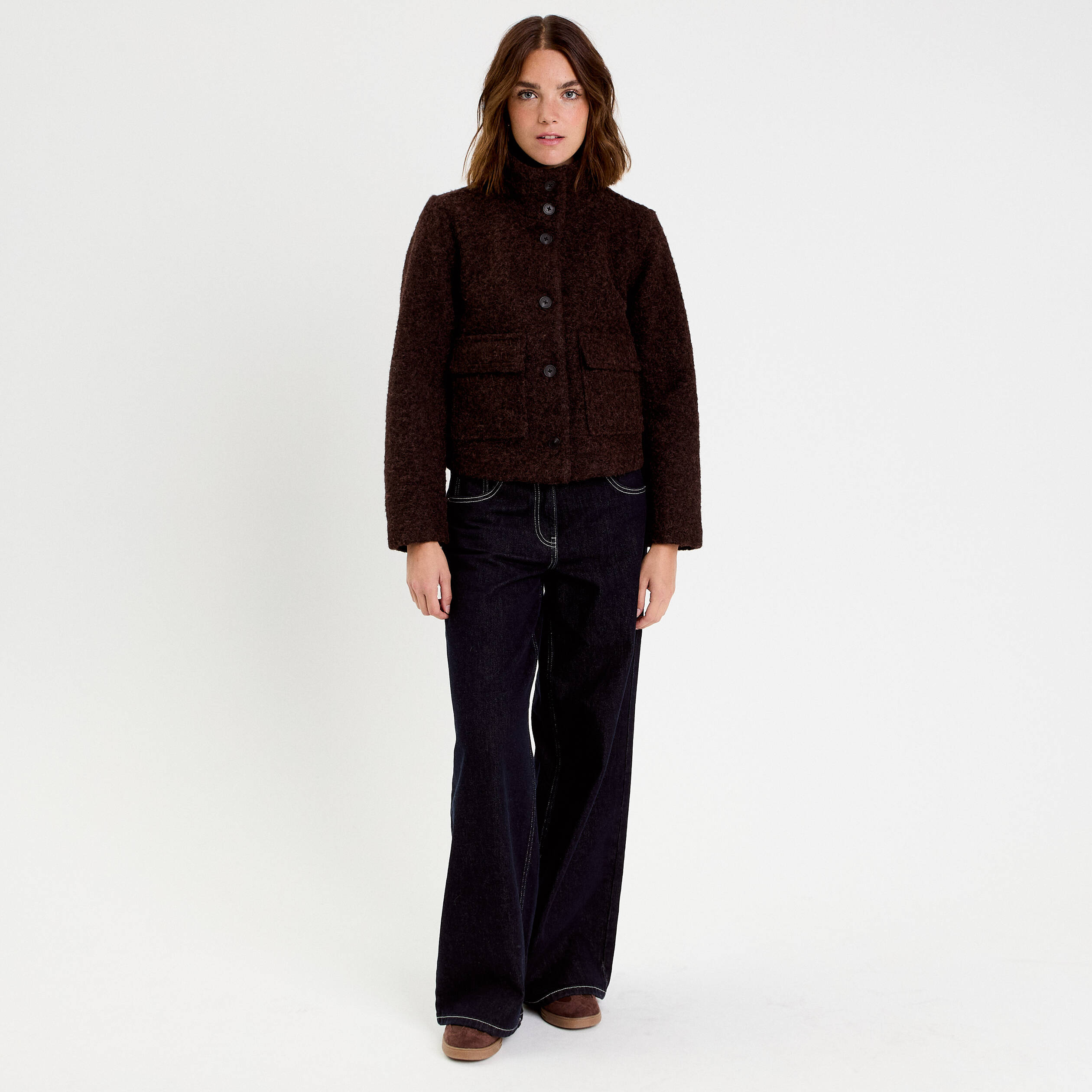 Veste col montant manches longues marron fonc&eacute; femme