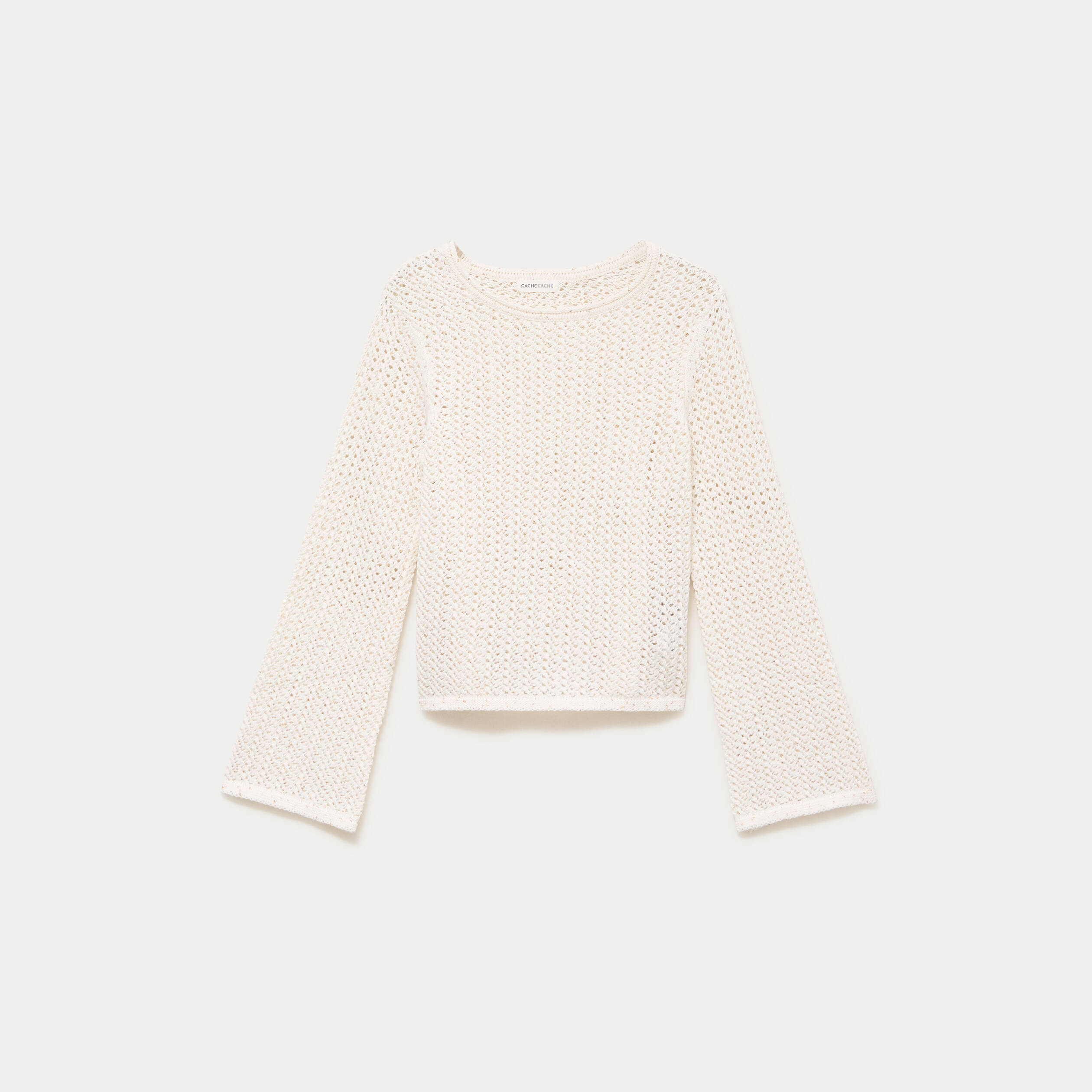 Pull ajour&eacute; manches longues dentelle ecru femme