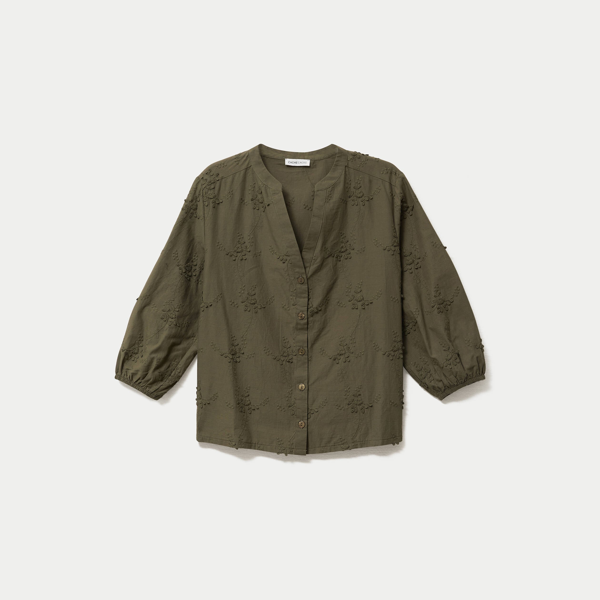 Blouse brod&eacute;e col mao manches 3/4 vert kaki femme