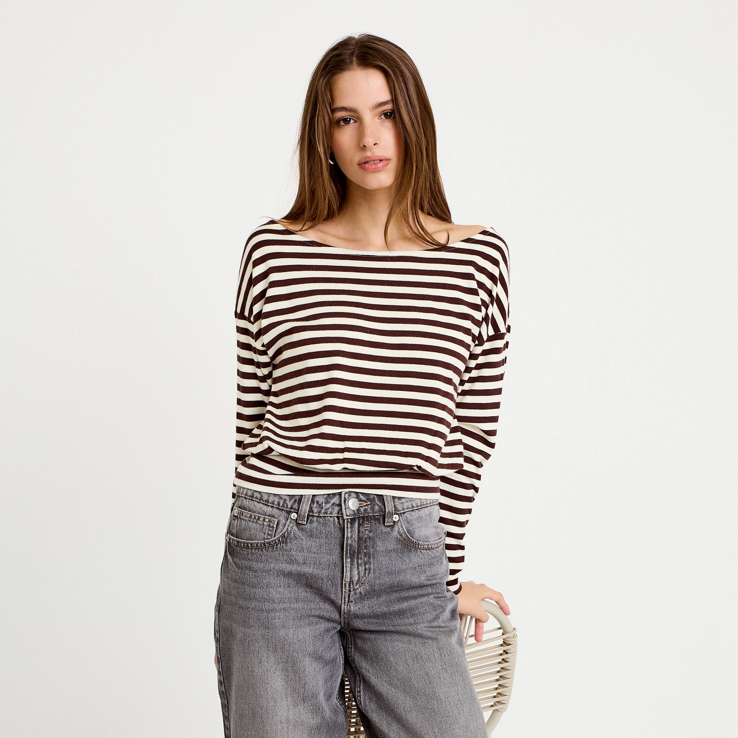 T-shirt col bateau manches longues blanc femme