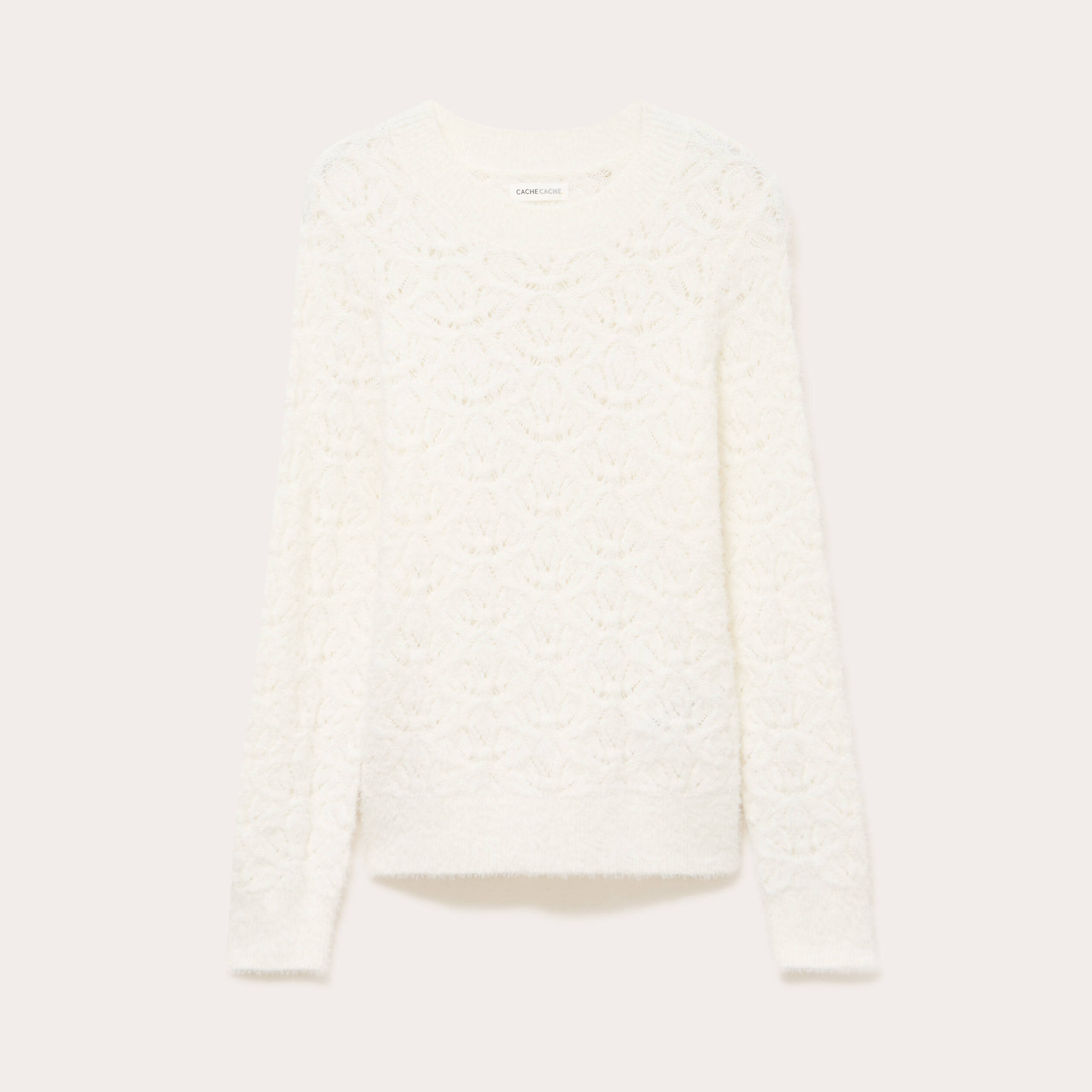 Pull ajour&eacute; col rond manches longues ecru femme