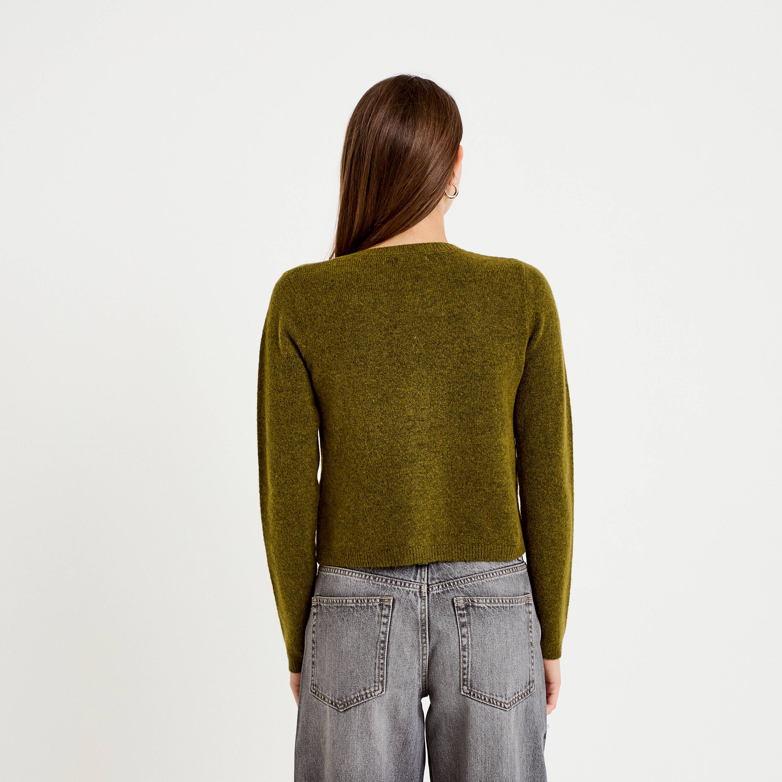 Gilet boutonn&eacute; manches longues vert olive femme