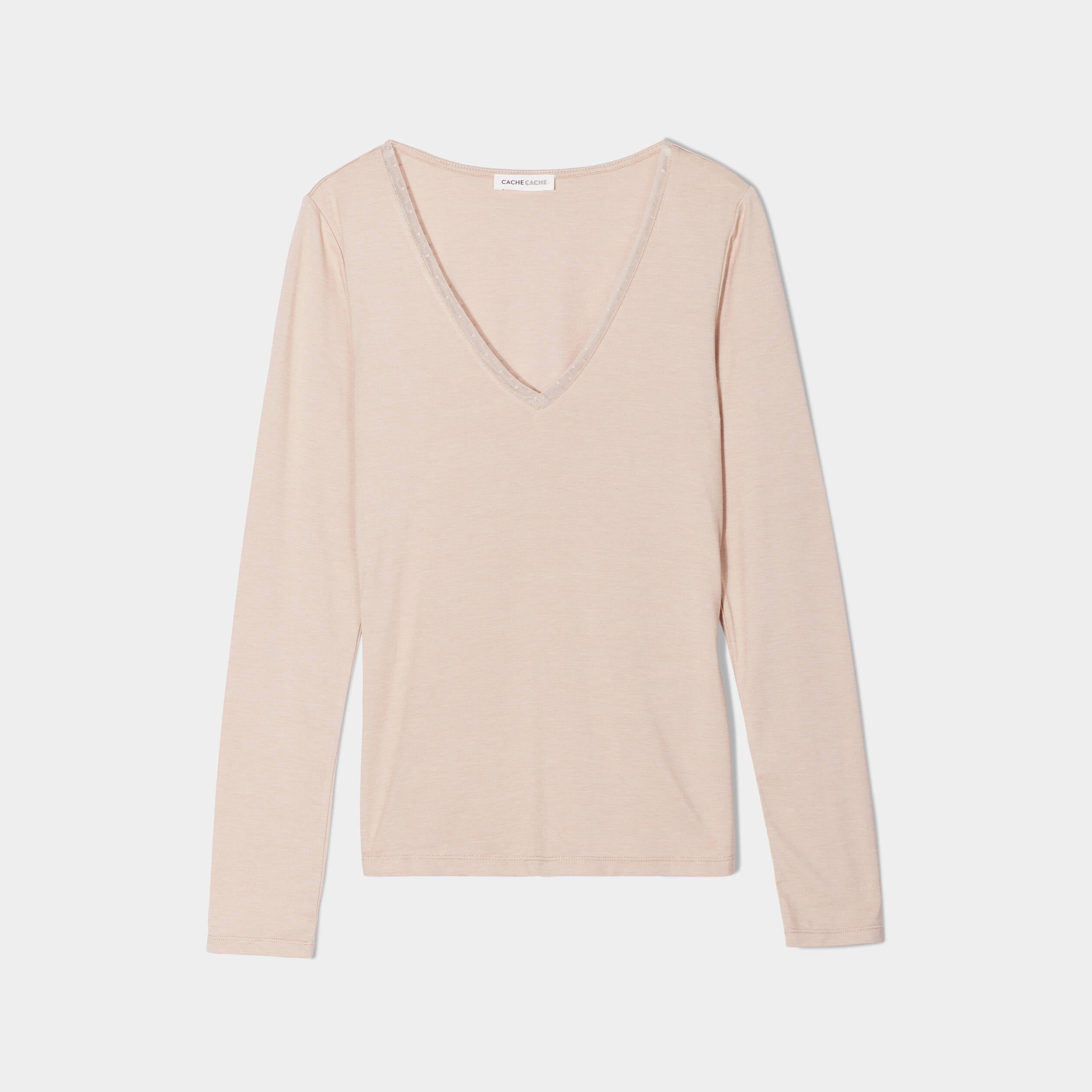 T-shirt thermique col en V plumetis sable femme