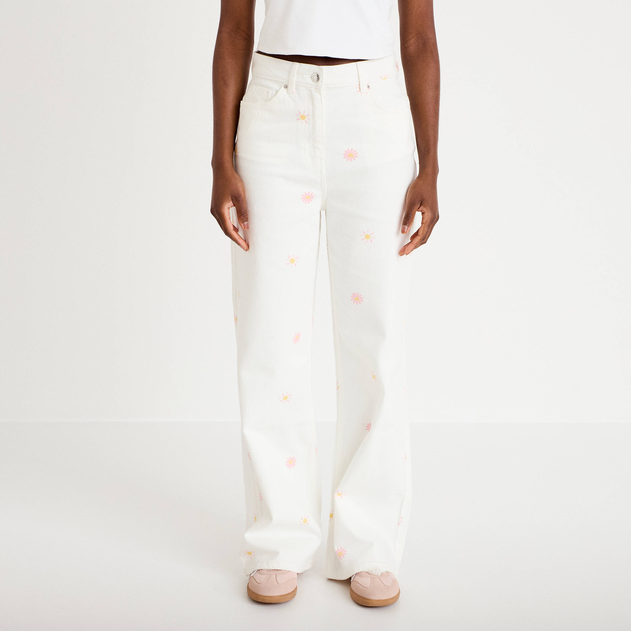 Jean wide leg taille haute &agrave; motif blanc femme
