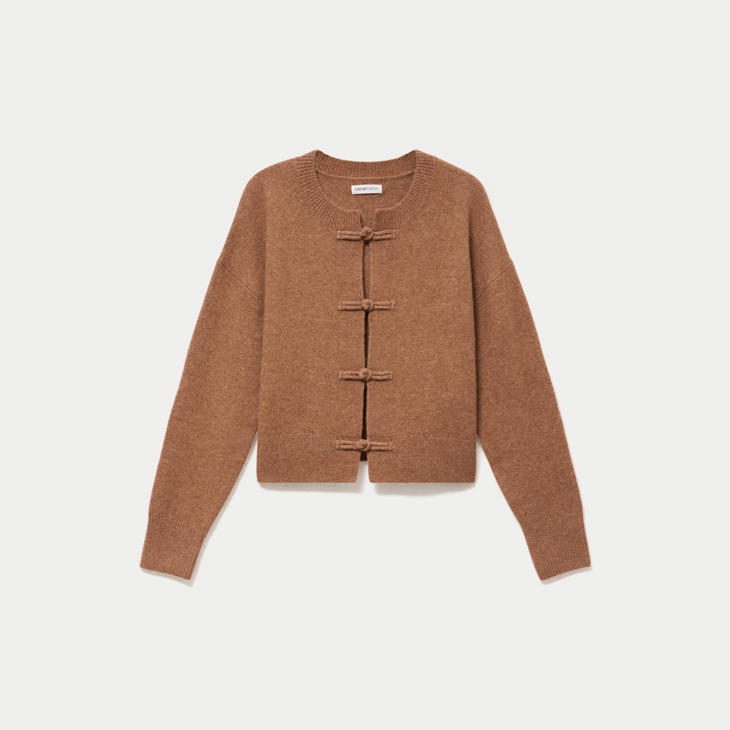 Gilet col rond manches longues avec lien camel femme