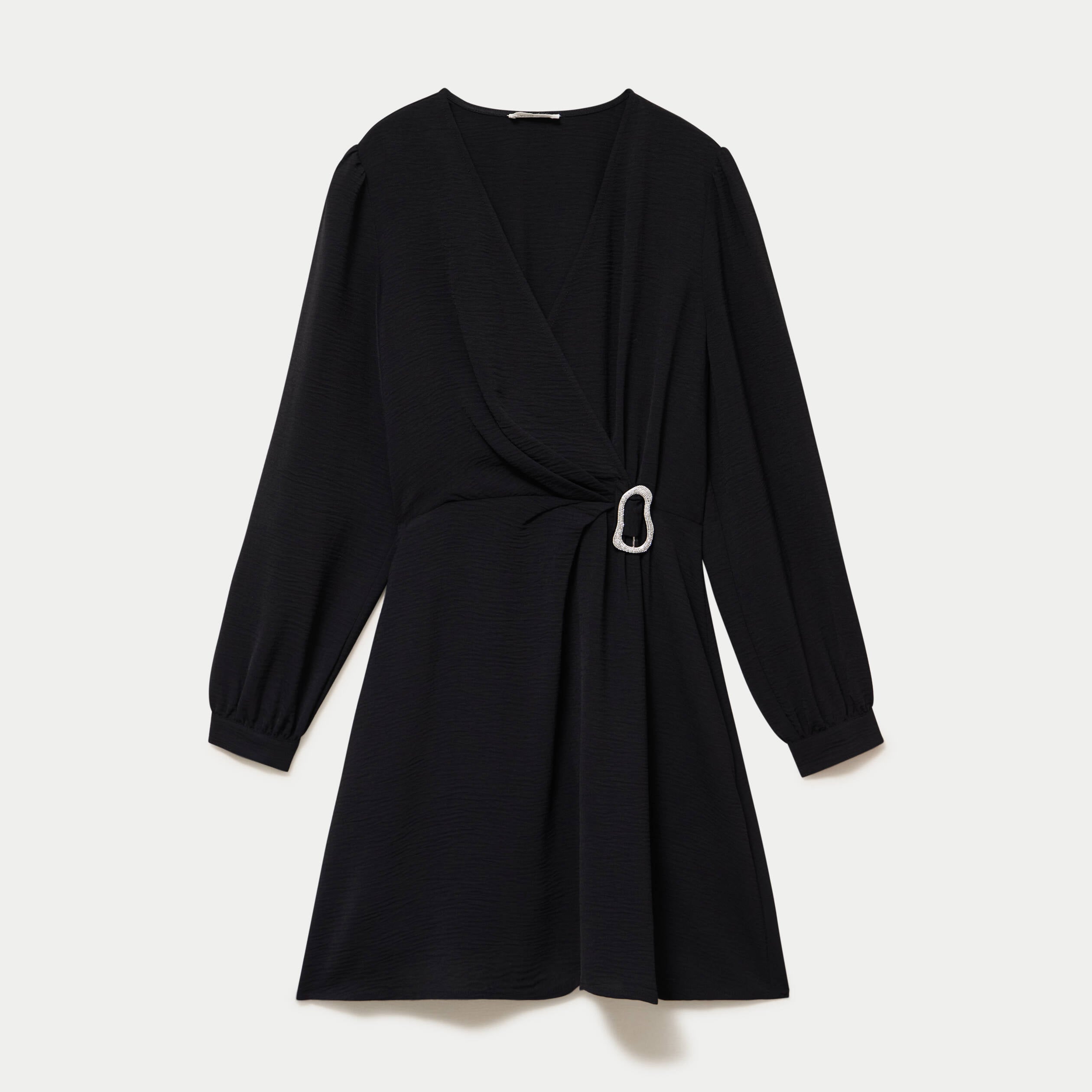 Robe courte &eacute;vas&eacute;e col v manches longues noir femme