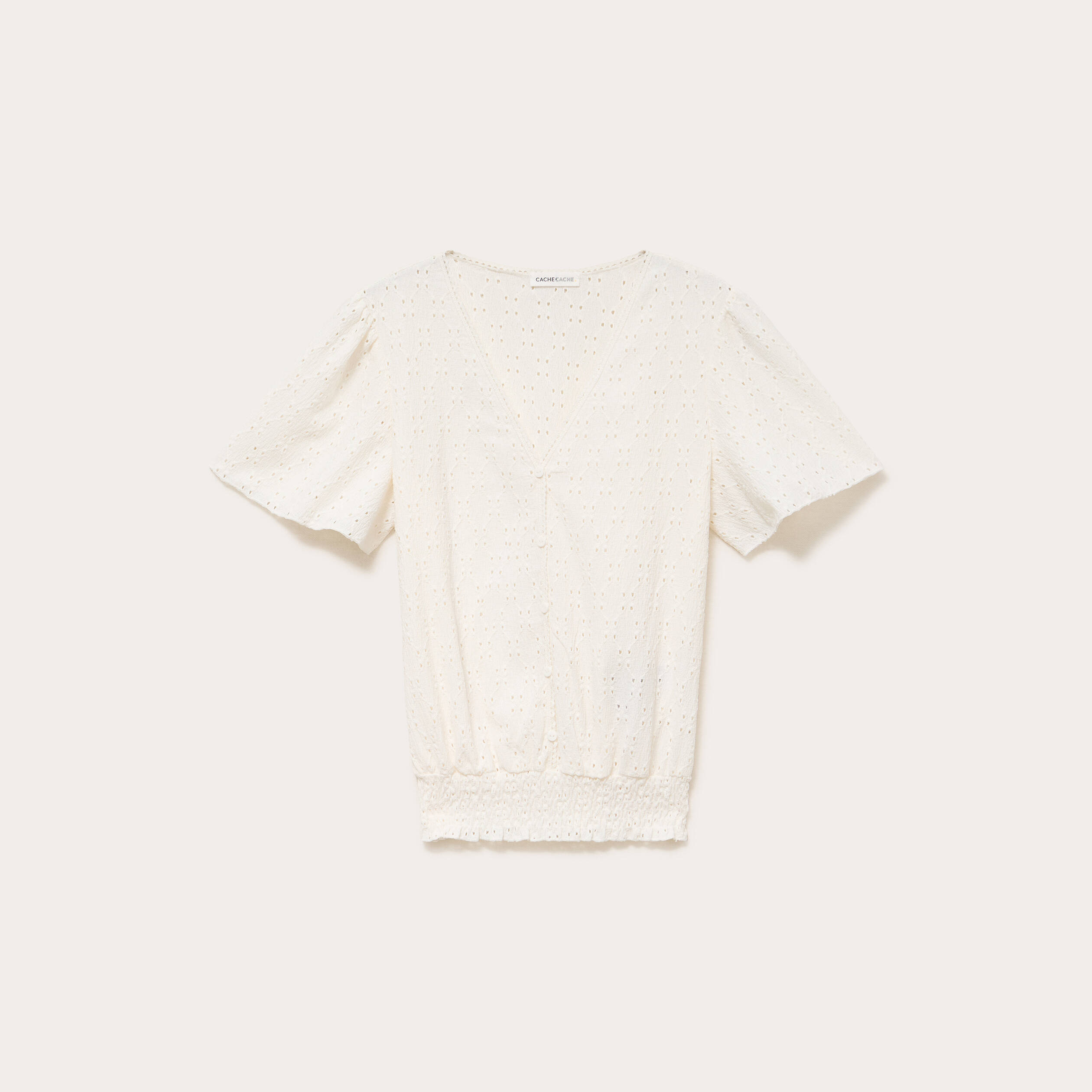 Blouse ajour&eacute;e col v manches courtes ecru femme