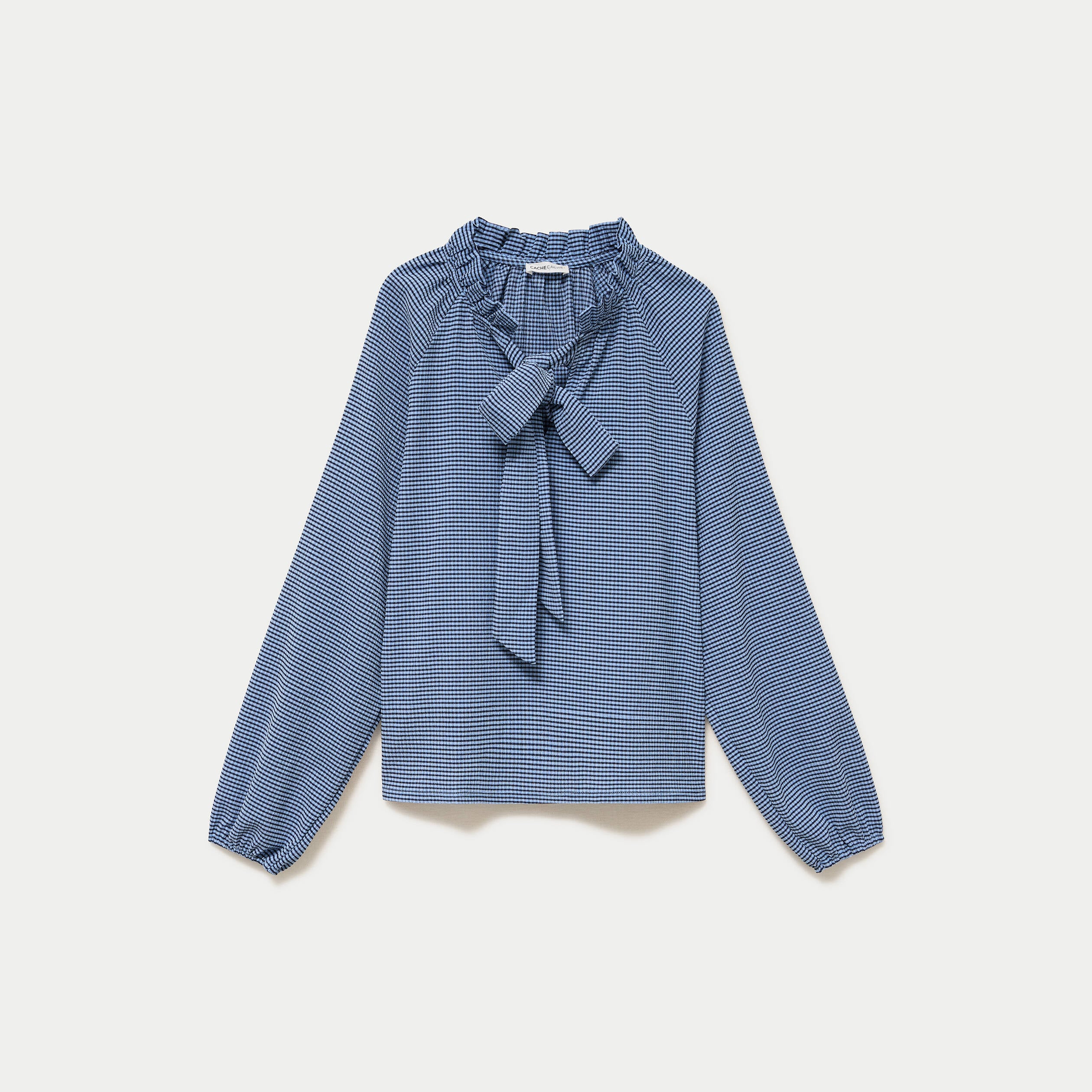 Blouse col montant manches longues bleu femme