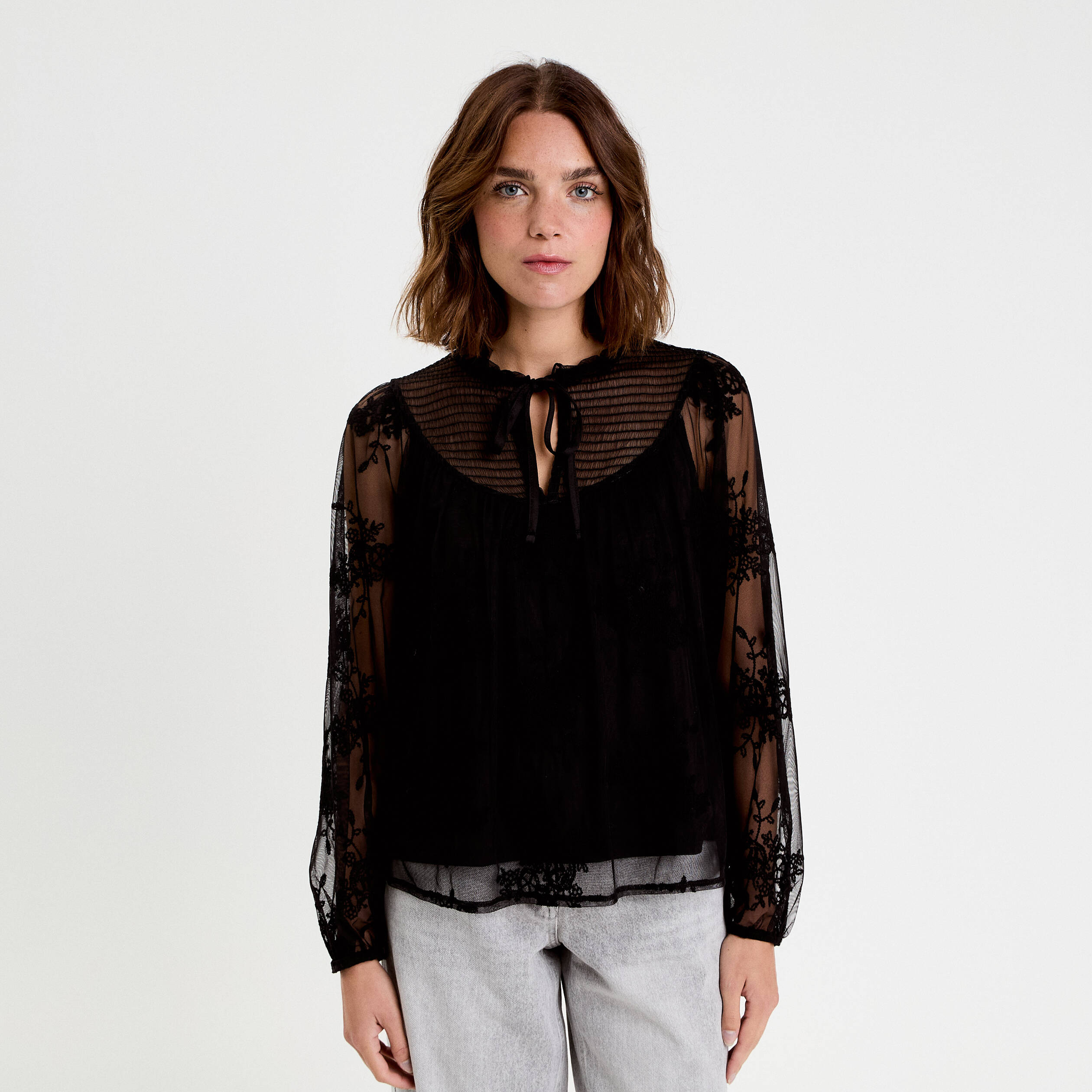 Blouse dentelle manches longues noir femme