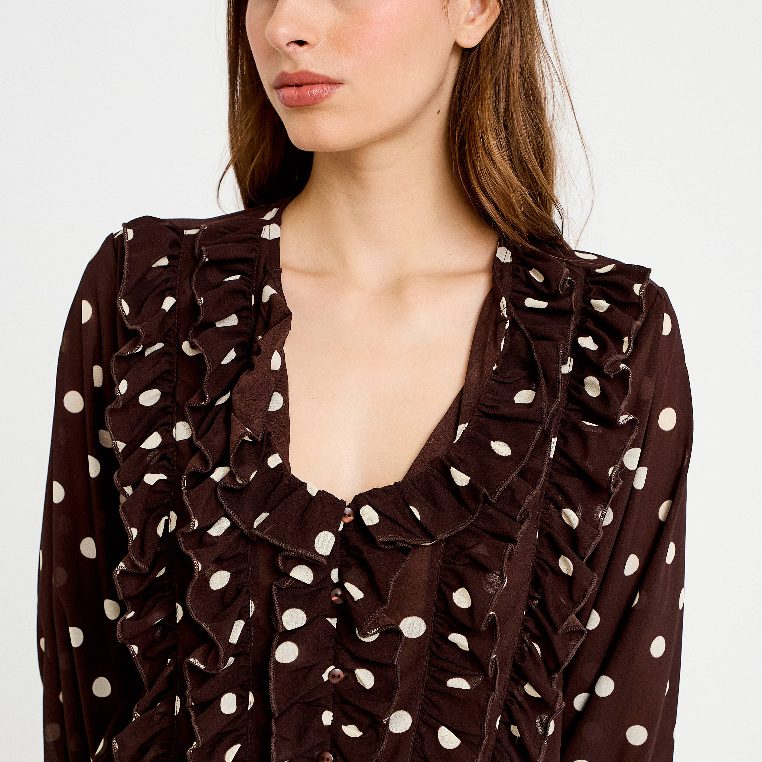 Blouse droite col v manches longues marron femme