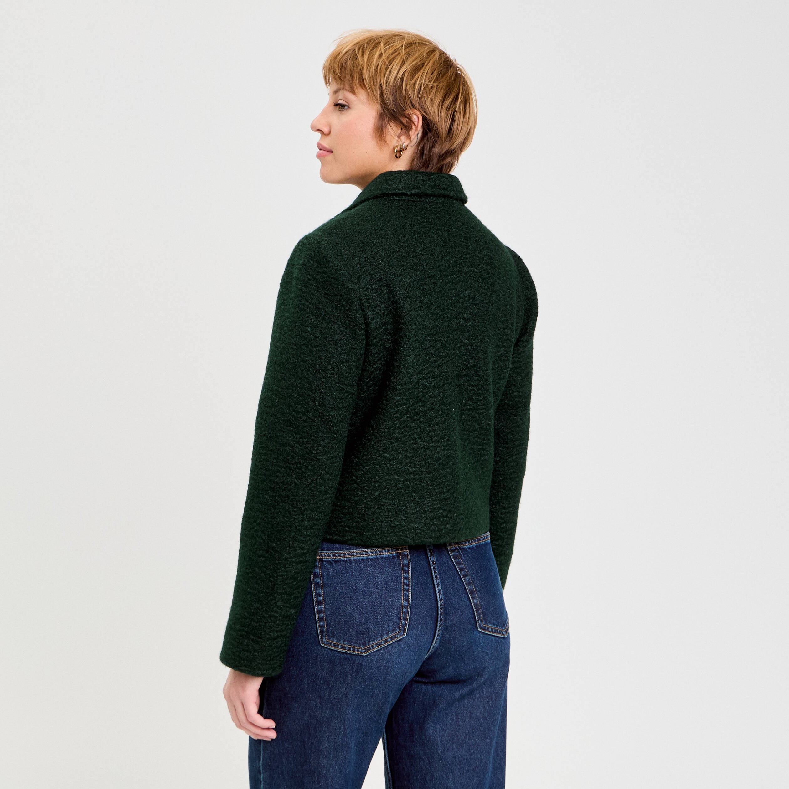 Veste bouclette boutonn&eacute;e vert fonc&eacute; femme