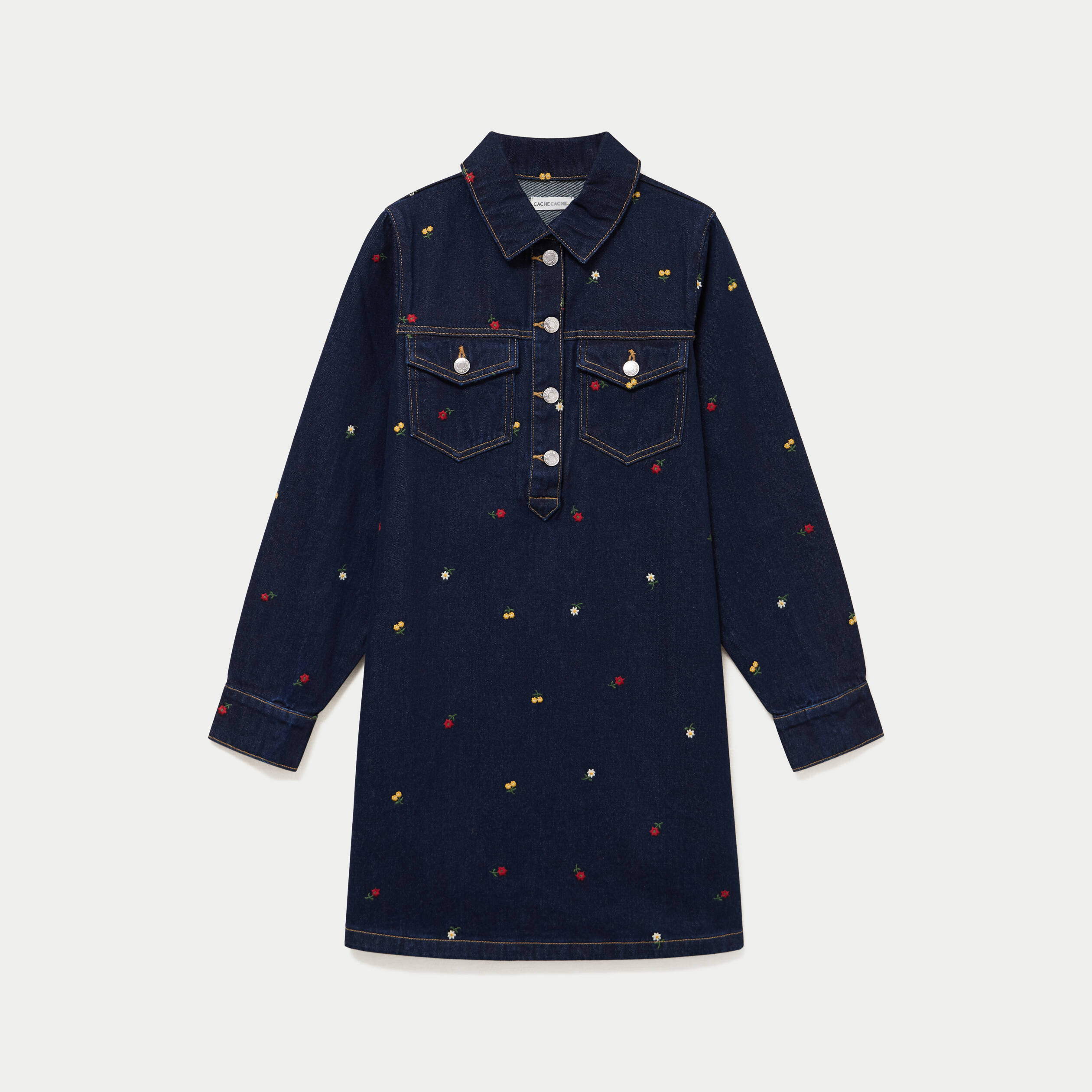 Robe courte droite en jean brod&eacute;e bleu marine femme