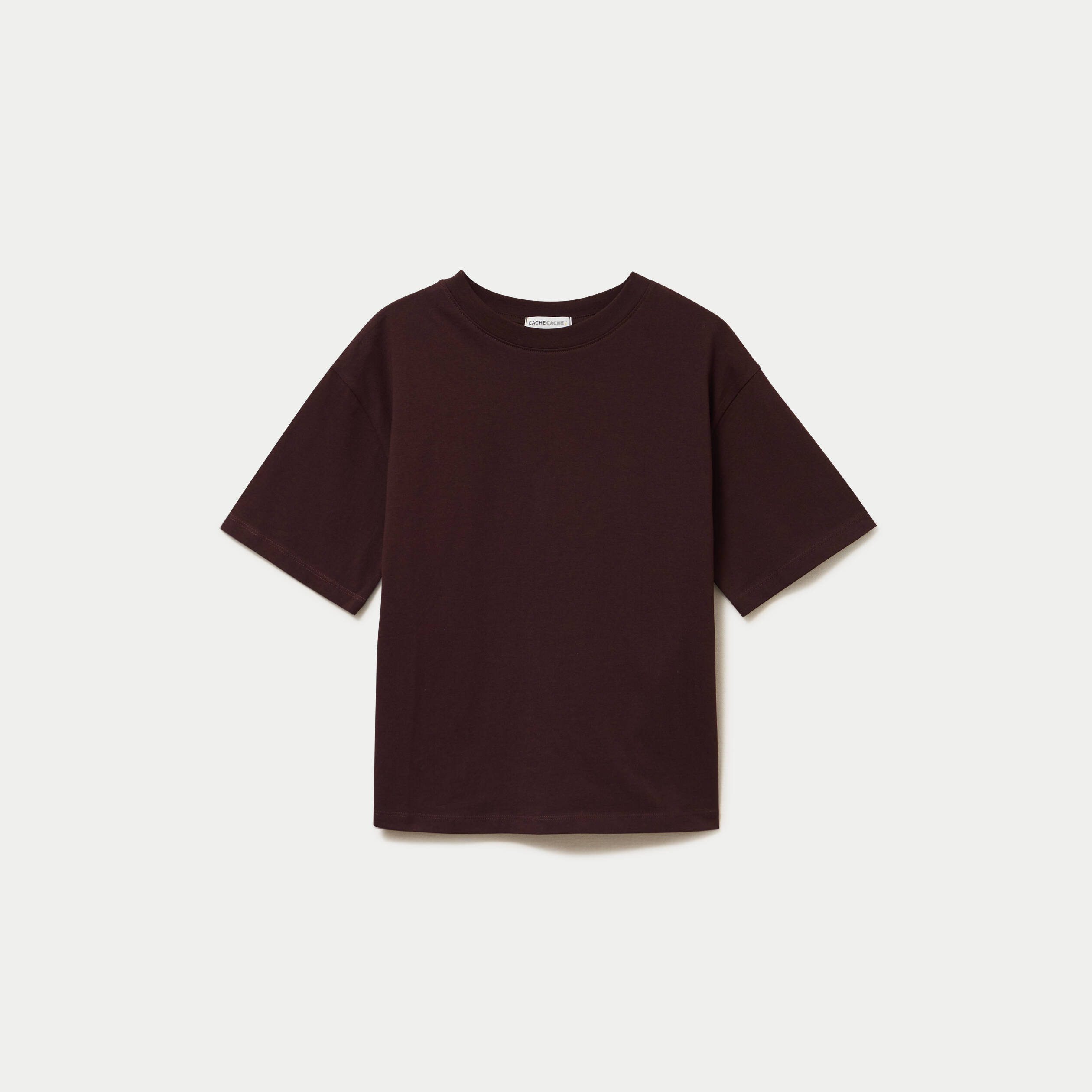 T-shirt col rond manches courtes marron fonc&eacute; femme