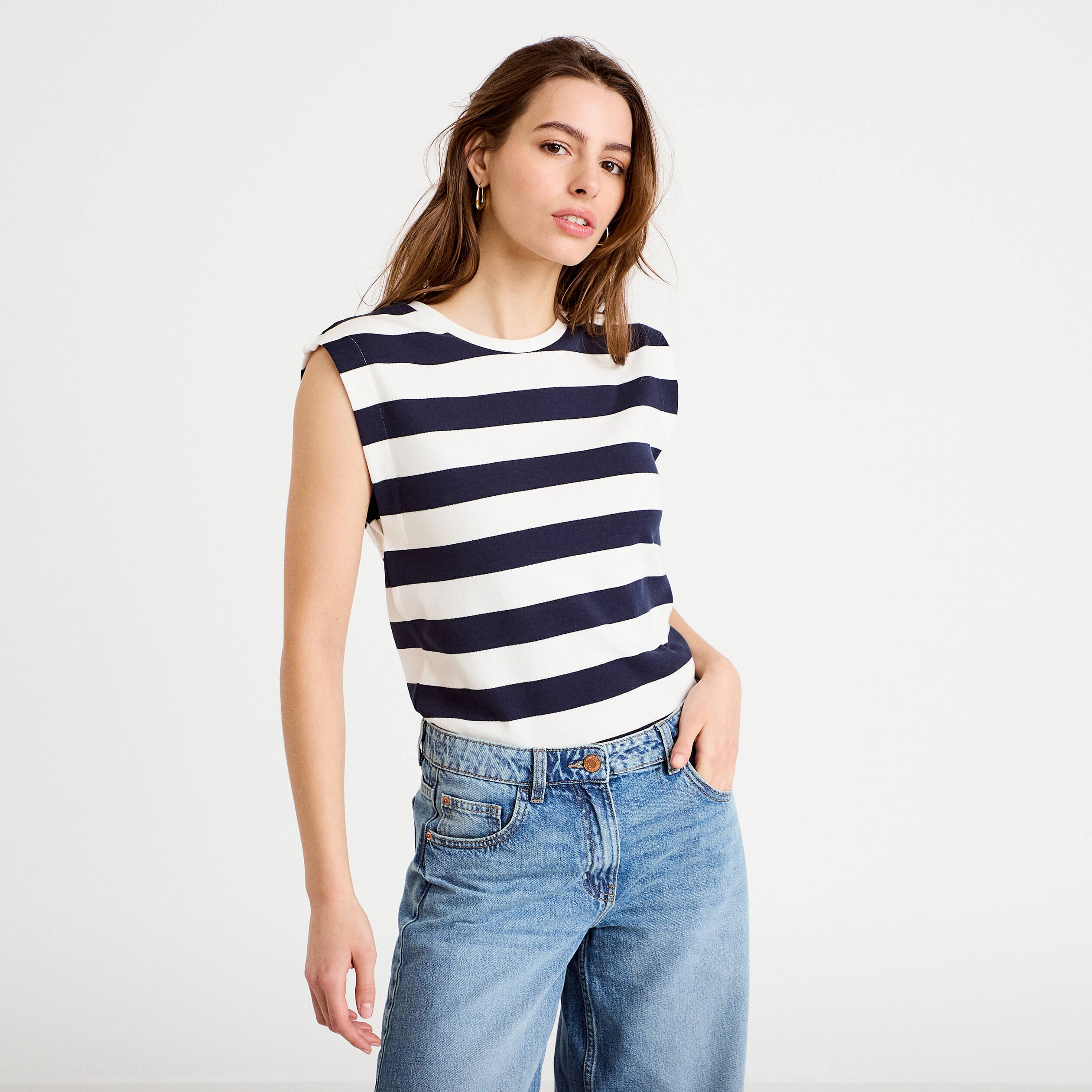 T-shirt col rond sans manches blanc femme