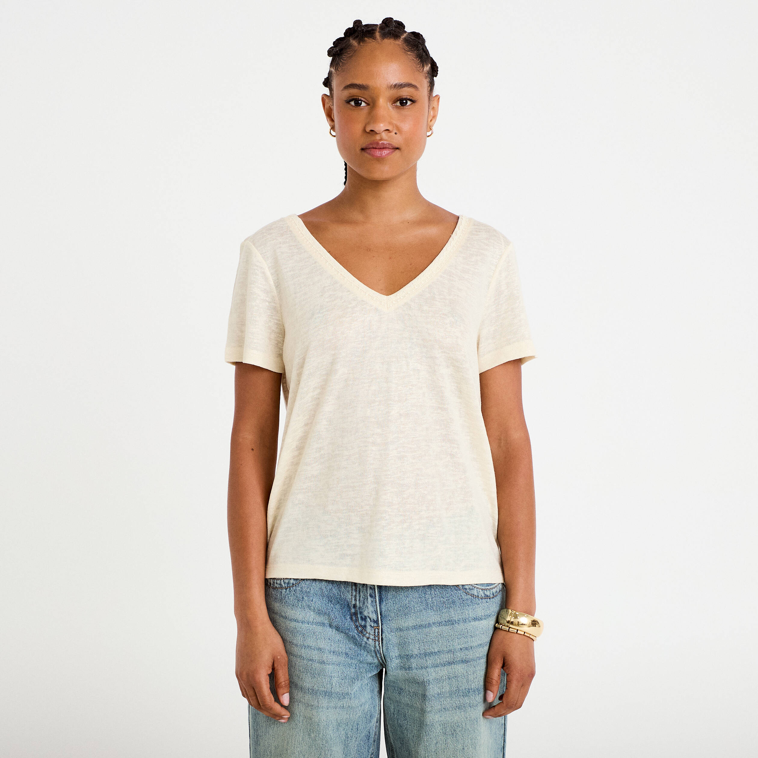 T-shirt col v dentelle manches courtes couleur or femme