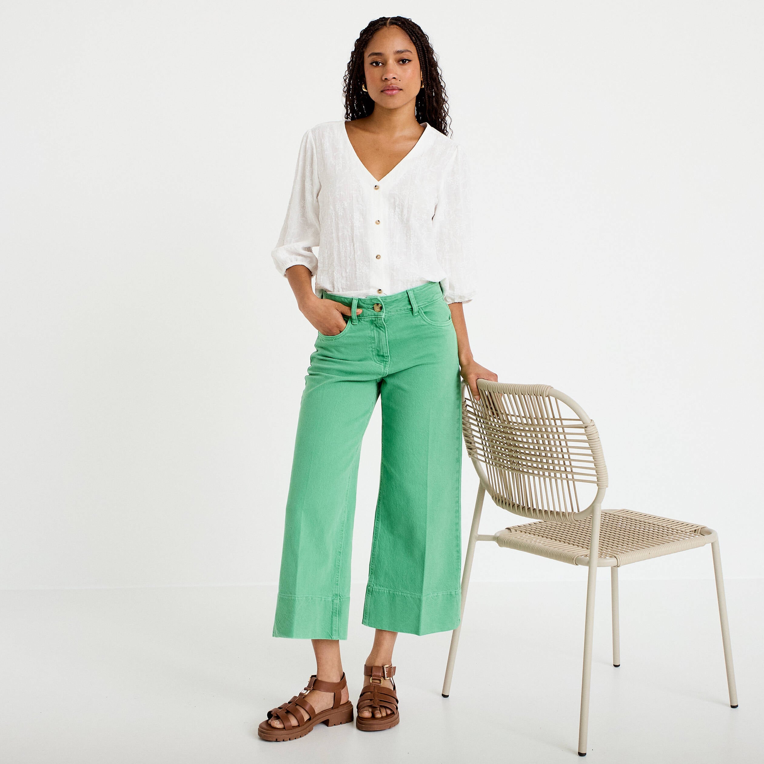 Jean wide leg cropped taille haute vert femme