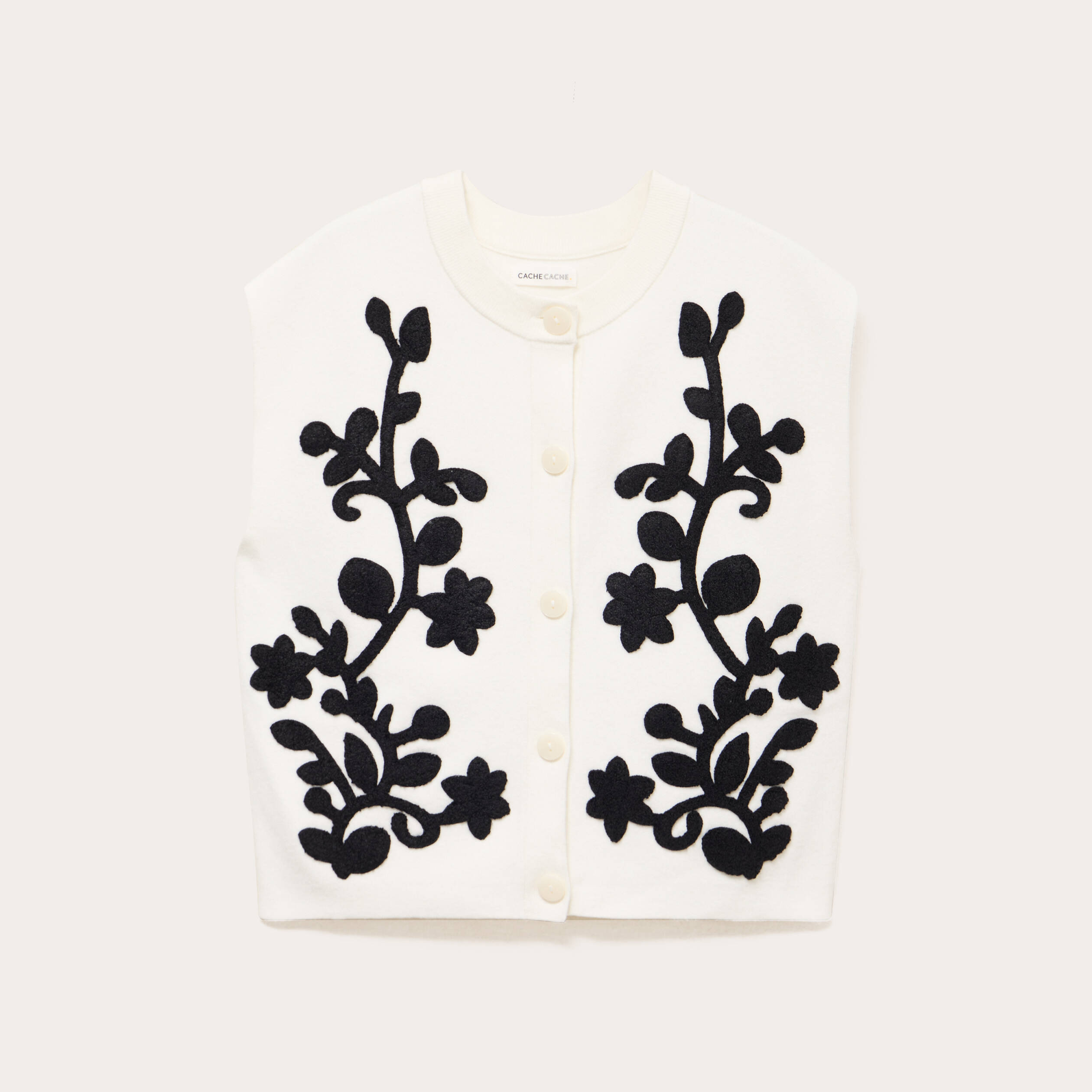Gilet sans manches brod&eacute; col rond ecru femme