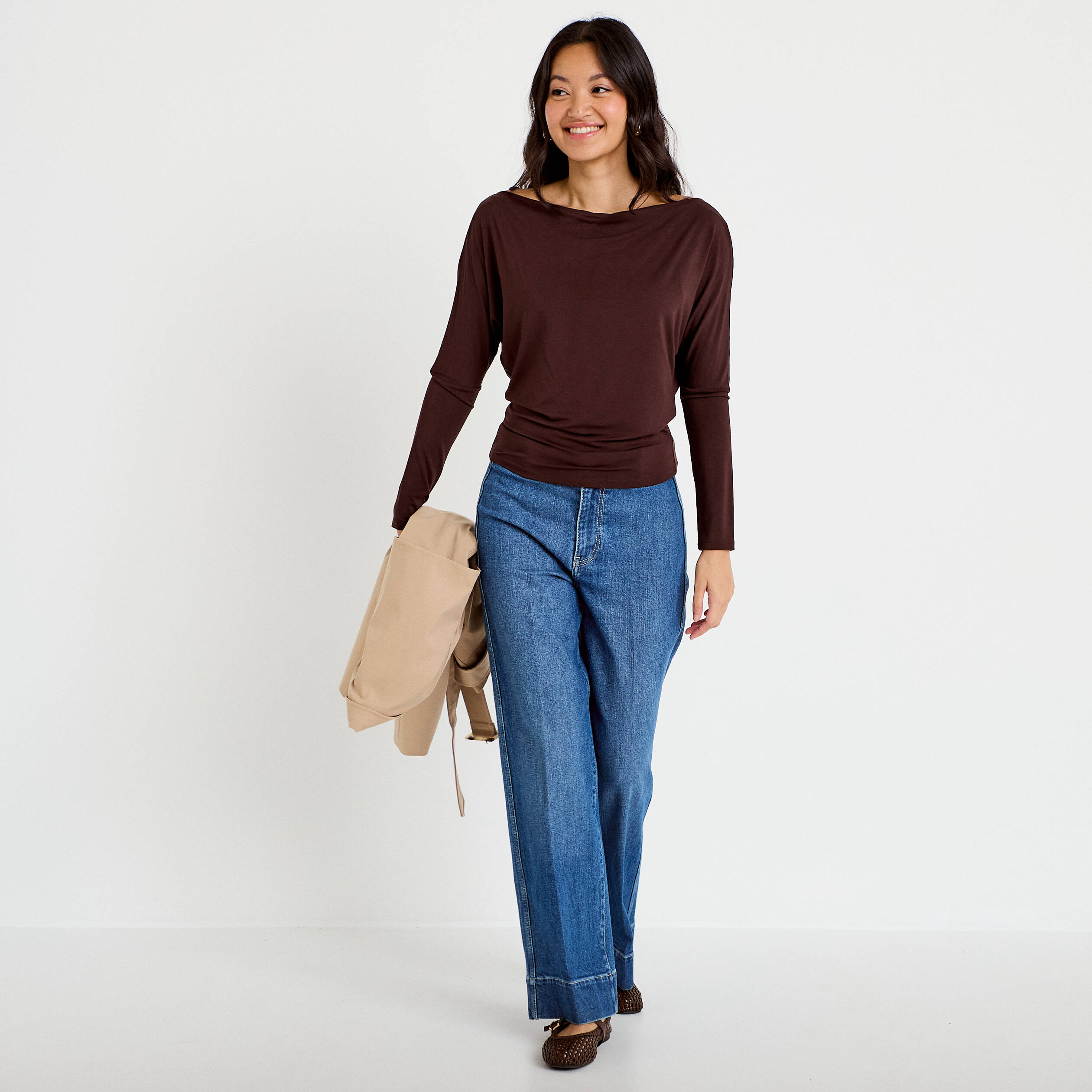 T-shirt col bateau manches longues marron fonc&eacute; femme
