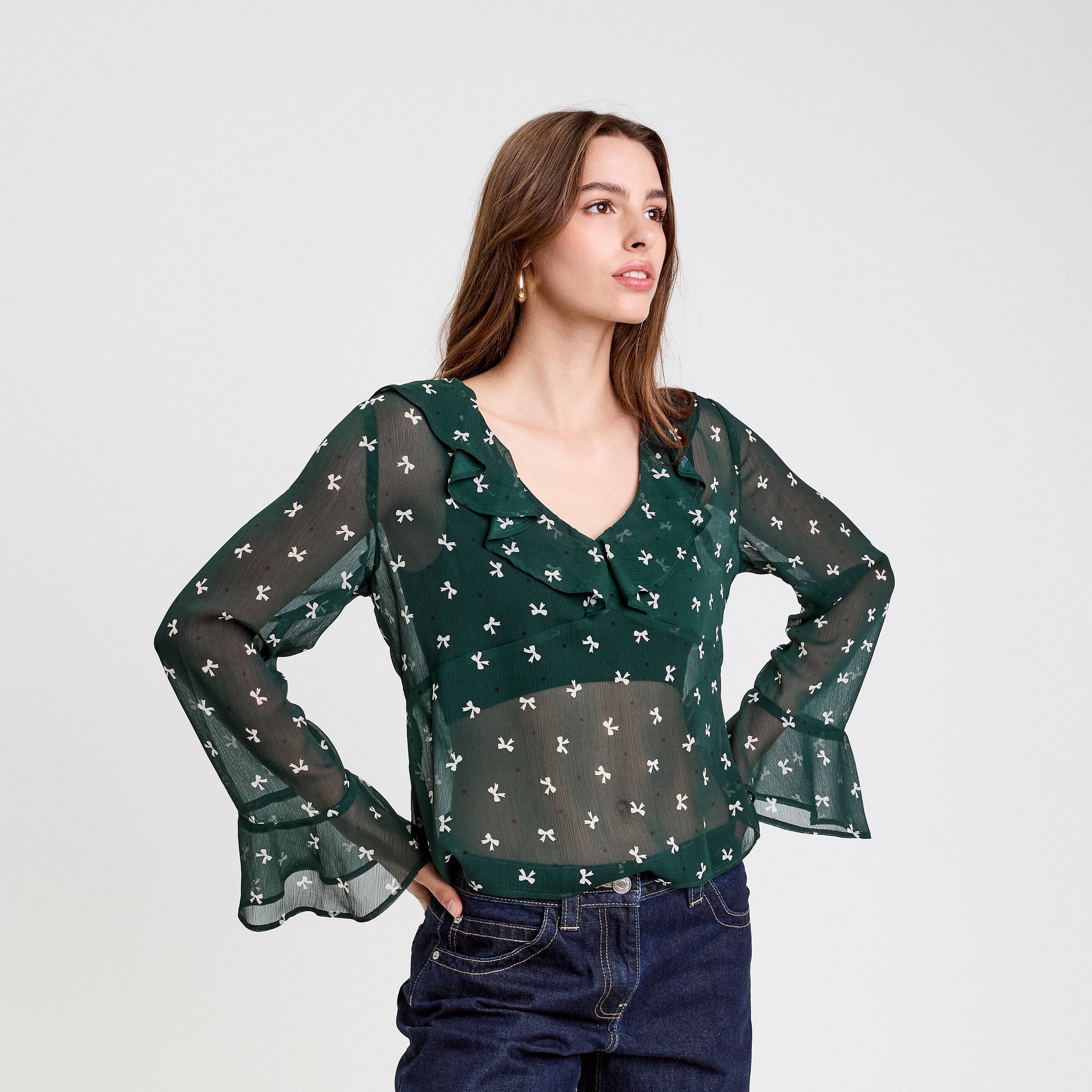 Blouse col V vert fonc&eacute; femme