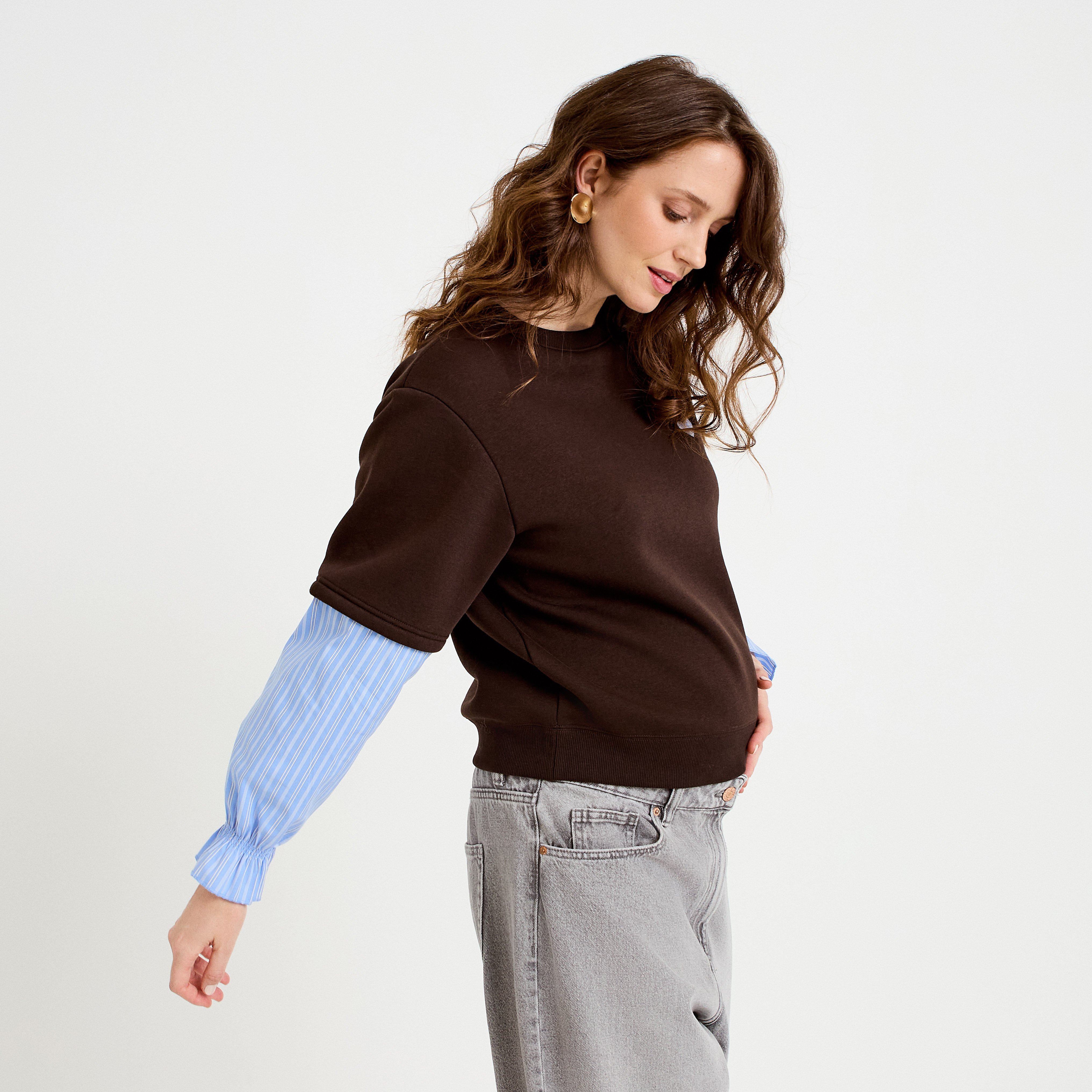 Sweat bi-mati&egrave;re manches longues marron fonc&eacute; femme