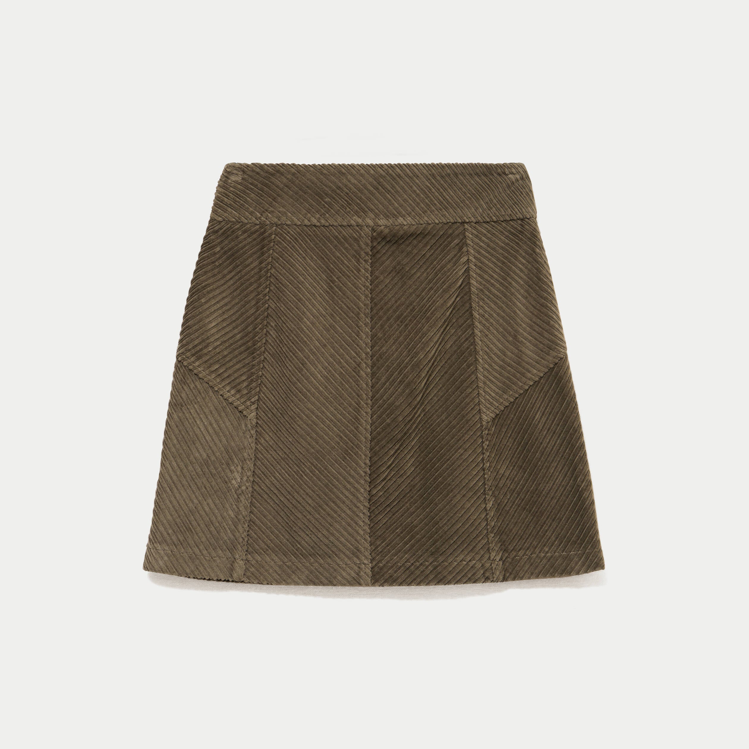 Jupe courte trap&egrave;ze en velours vert kaki femme