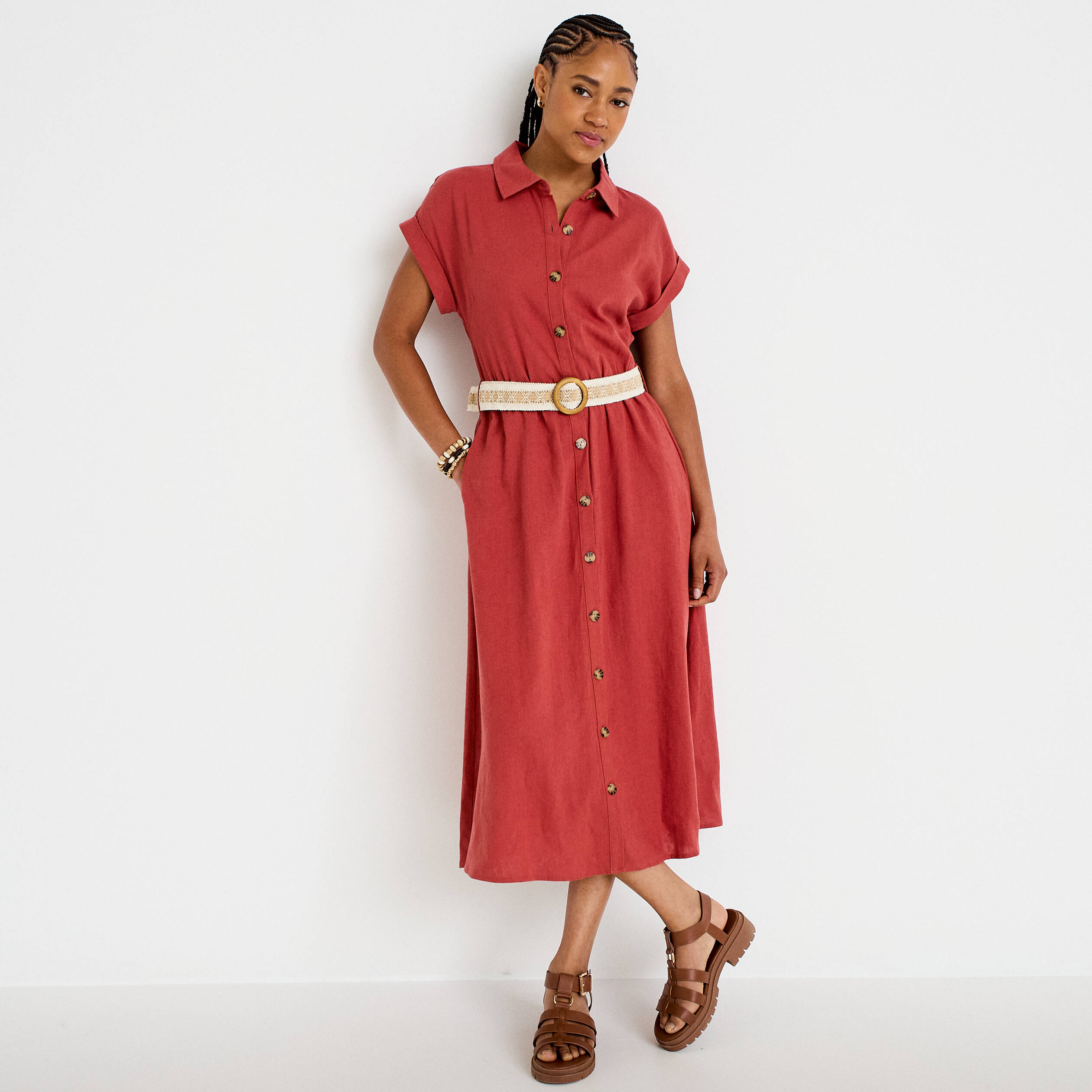 Robe &eacute;vas&eacute;e avec ceinture amovible vieux rose femme