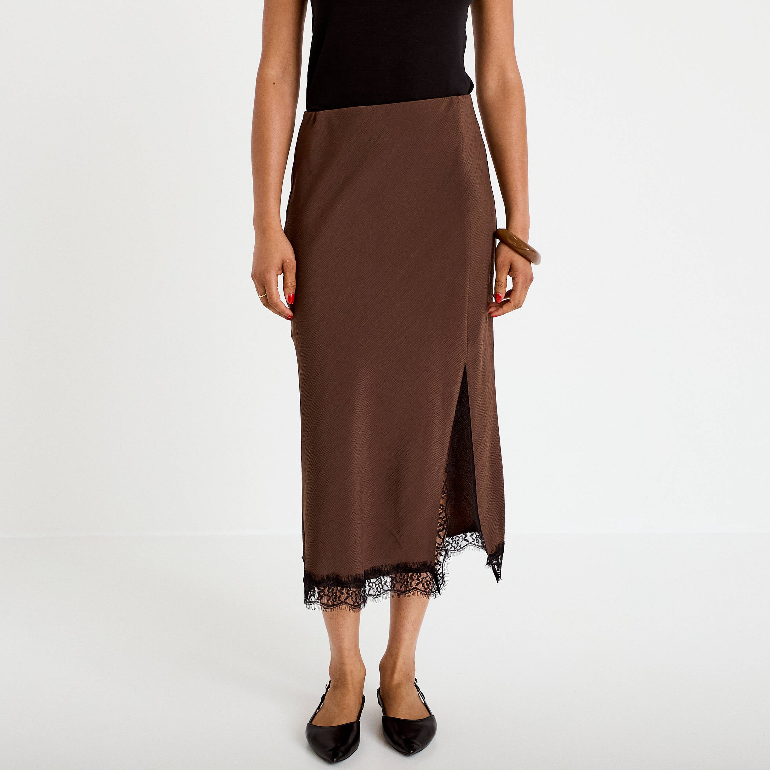 Jupe &eacute;vas&eacute;e 3/4 d&eacute;tail dentelle marron fonc&eacute; femme