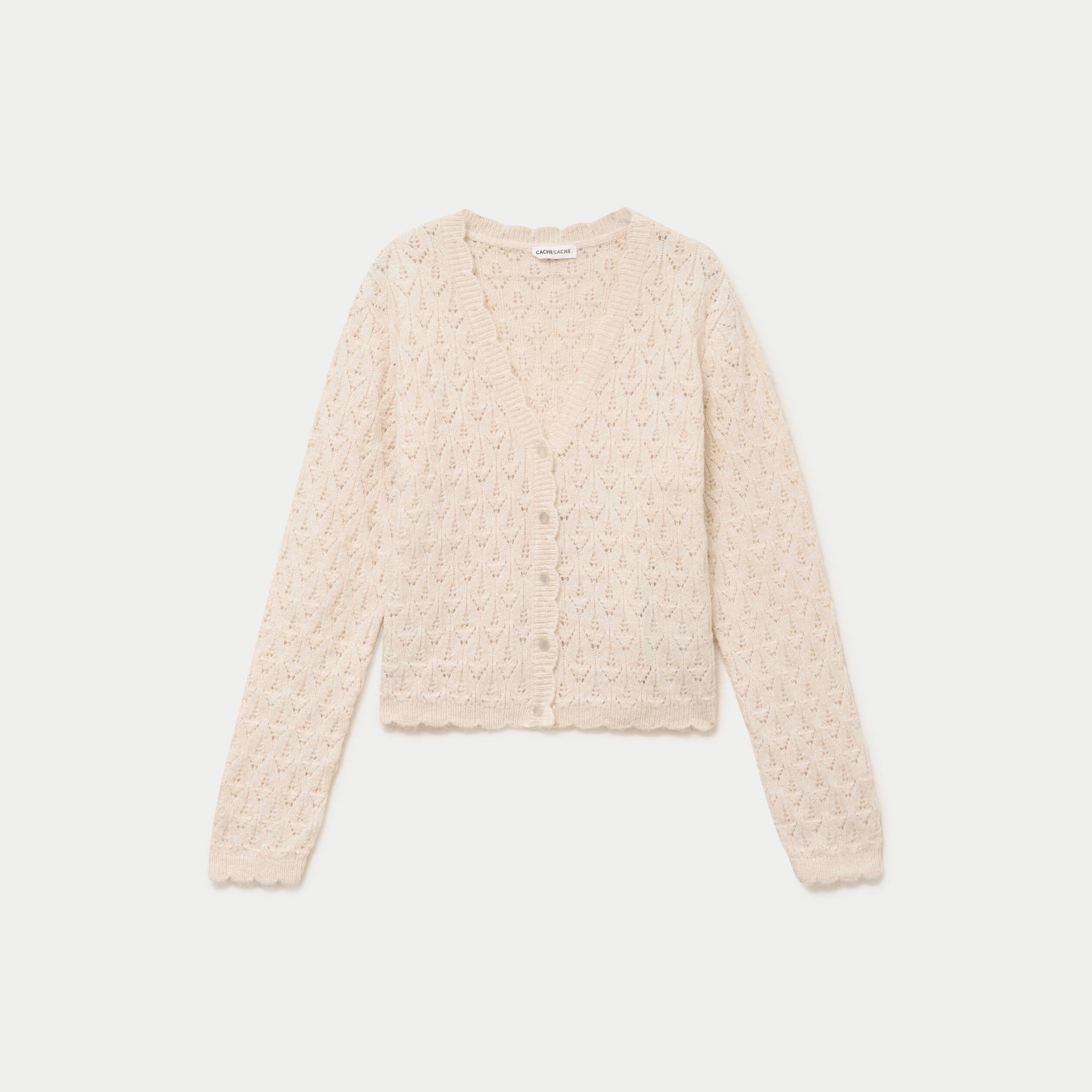 Gilet ajour&eacute; col v manches longues ecru femme