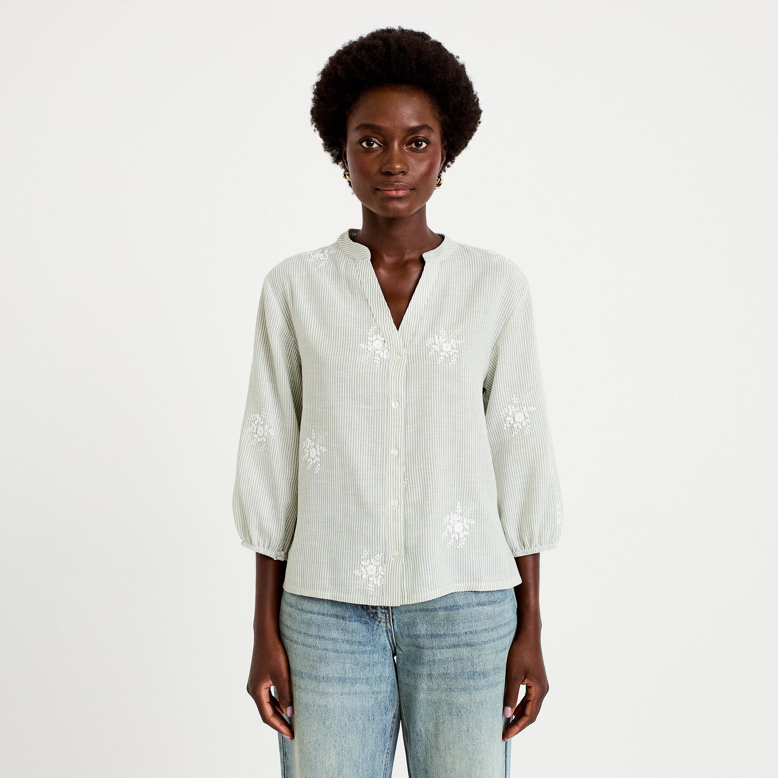 Blouse col tunisien vert kaki femme