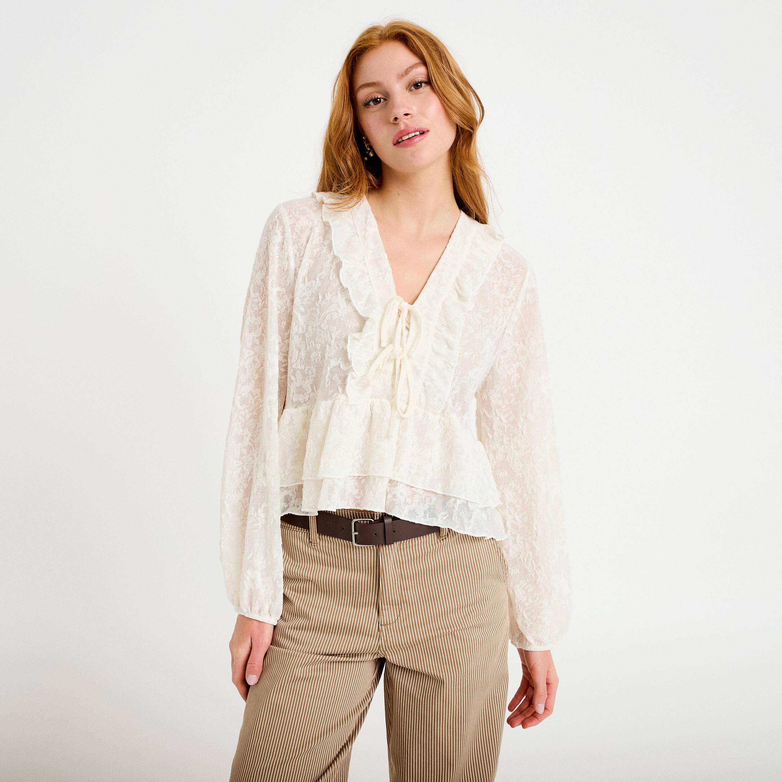 Blouse col v manches longues ecru femme