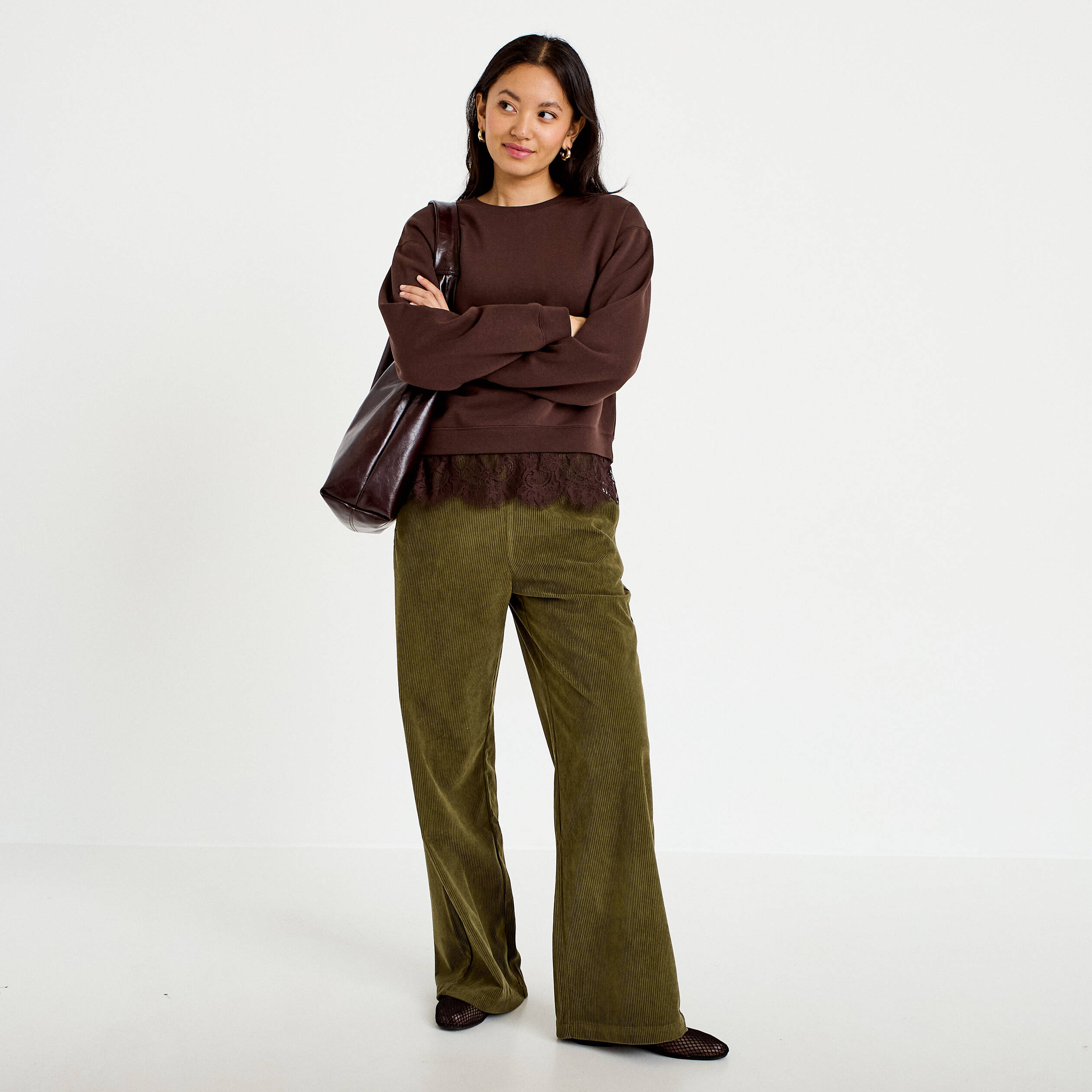 Pantalon jogging taille standard velours vert kaki femme