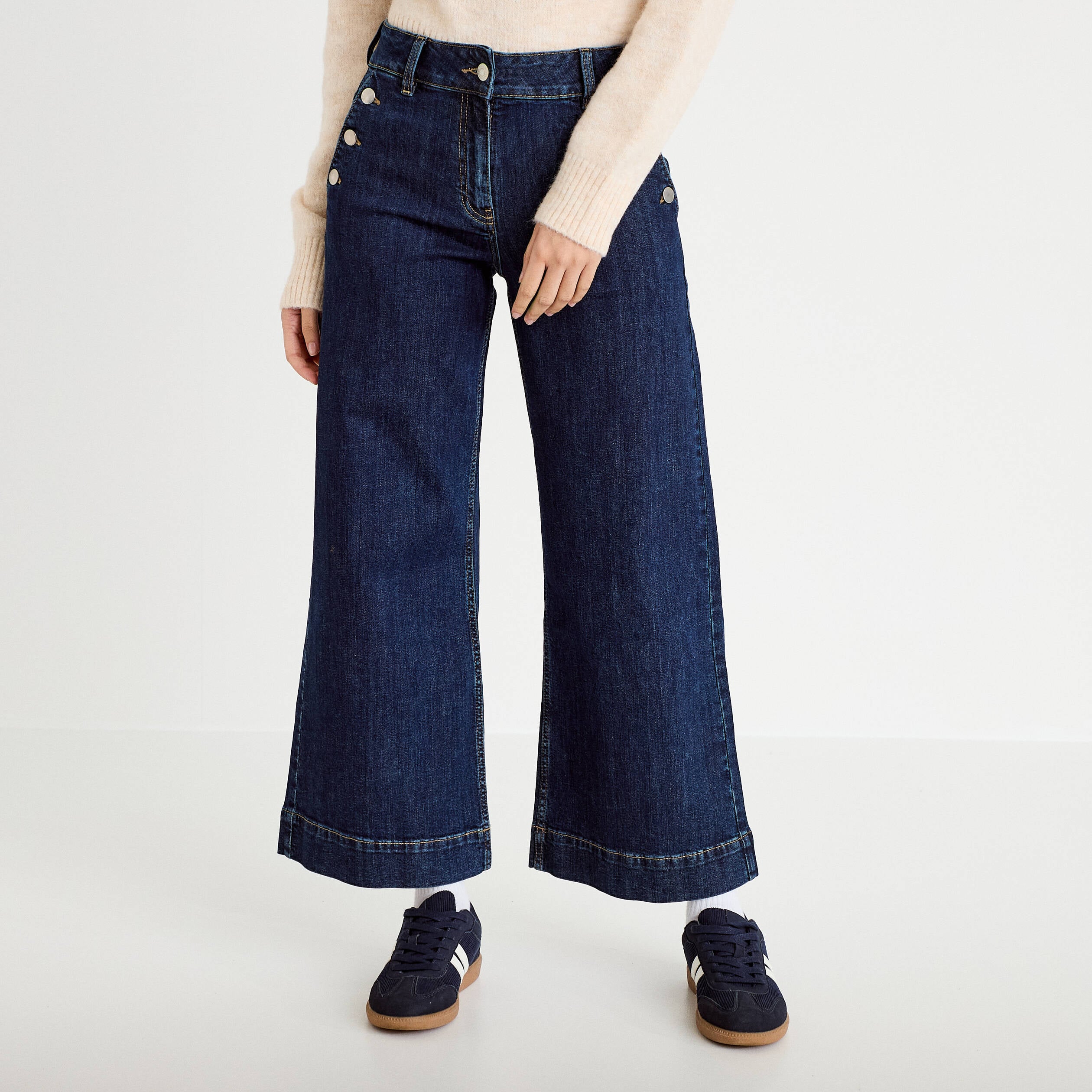 Jean wide leg cropped taille haute denim blue black femme