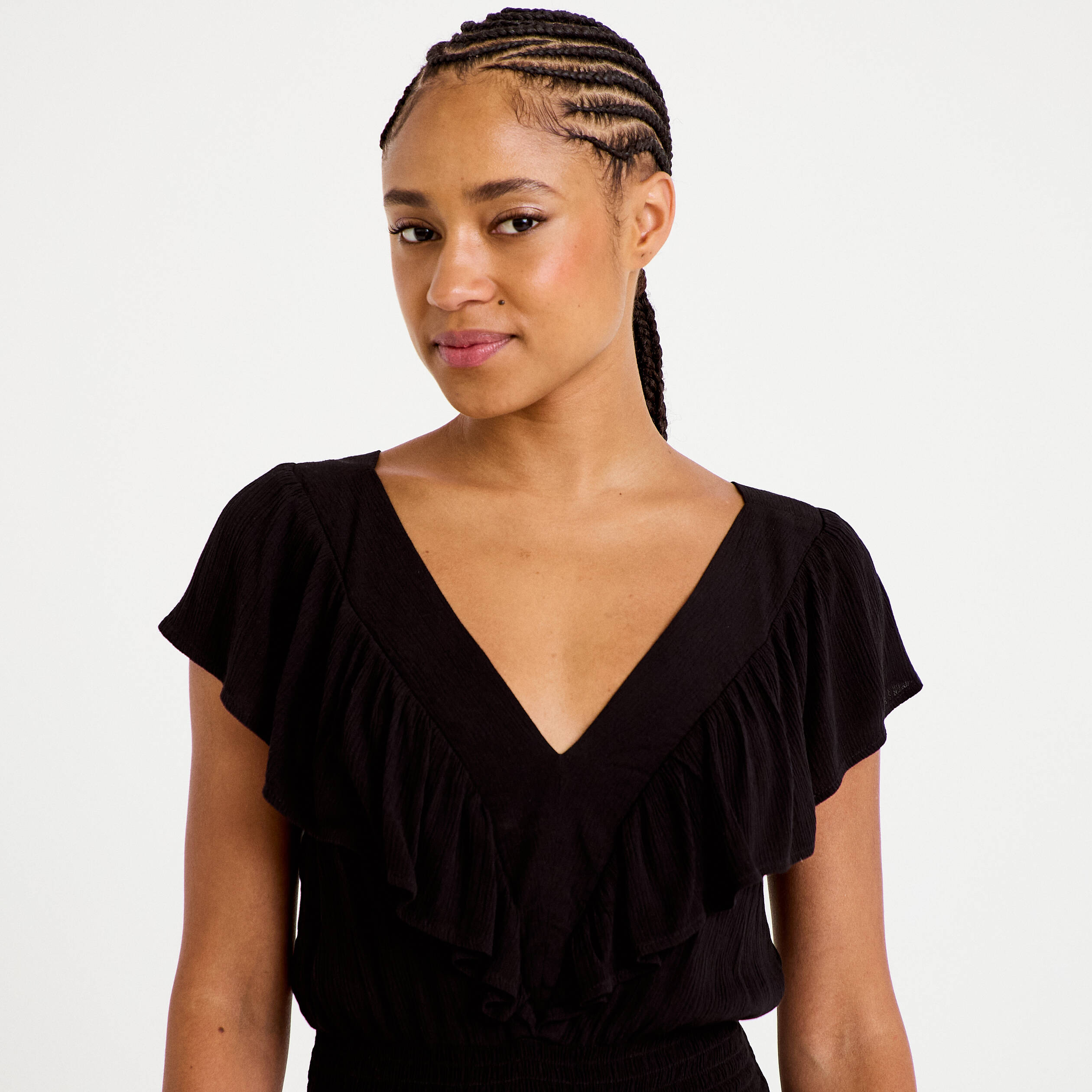 Blouse cintr&eacute;e cropped sans manches noir femme