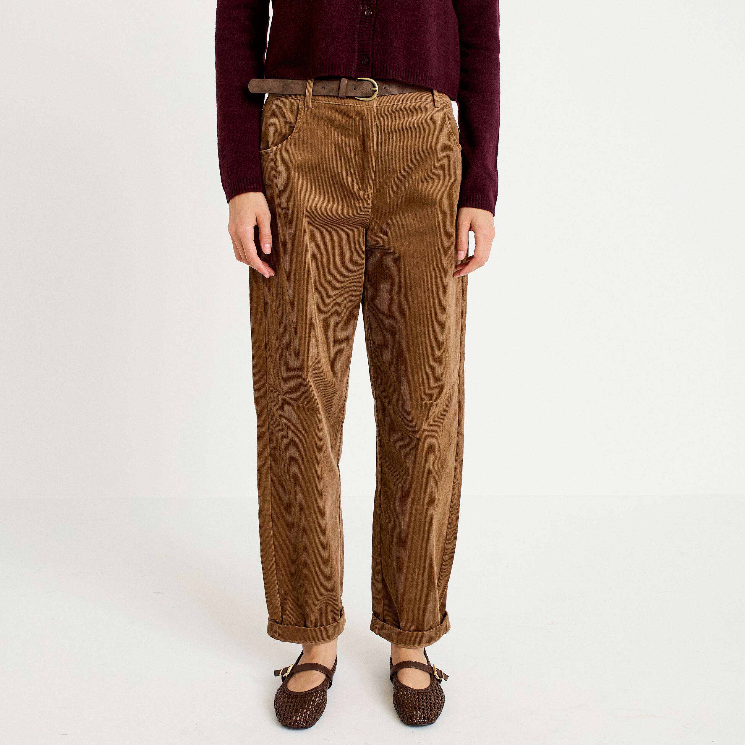 Pantalon barrel ceinture amovible taupe femme
