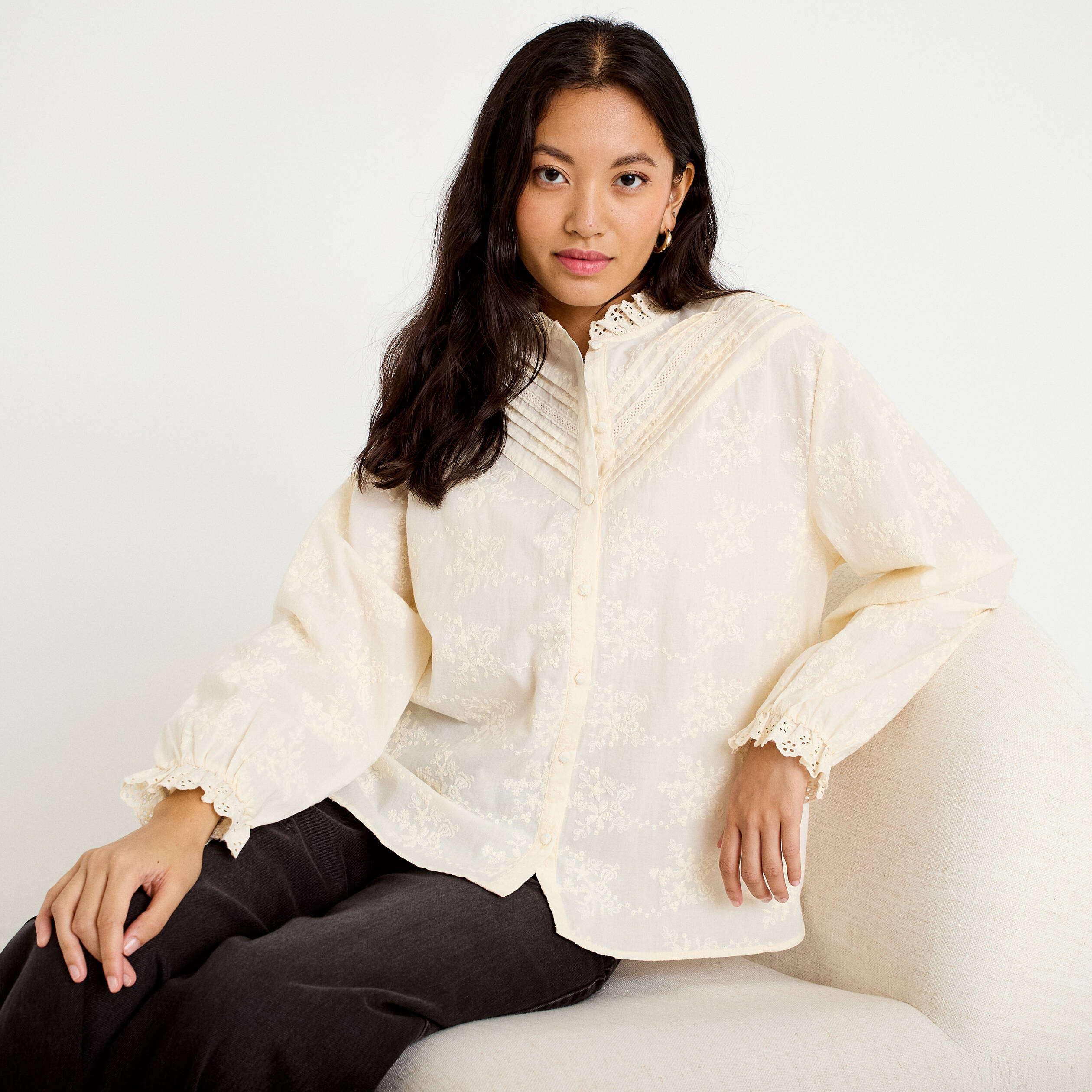 Blouse ample col montant manches longues ivoire femme