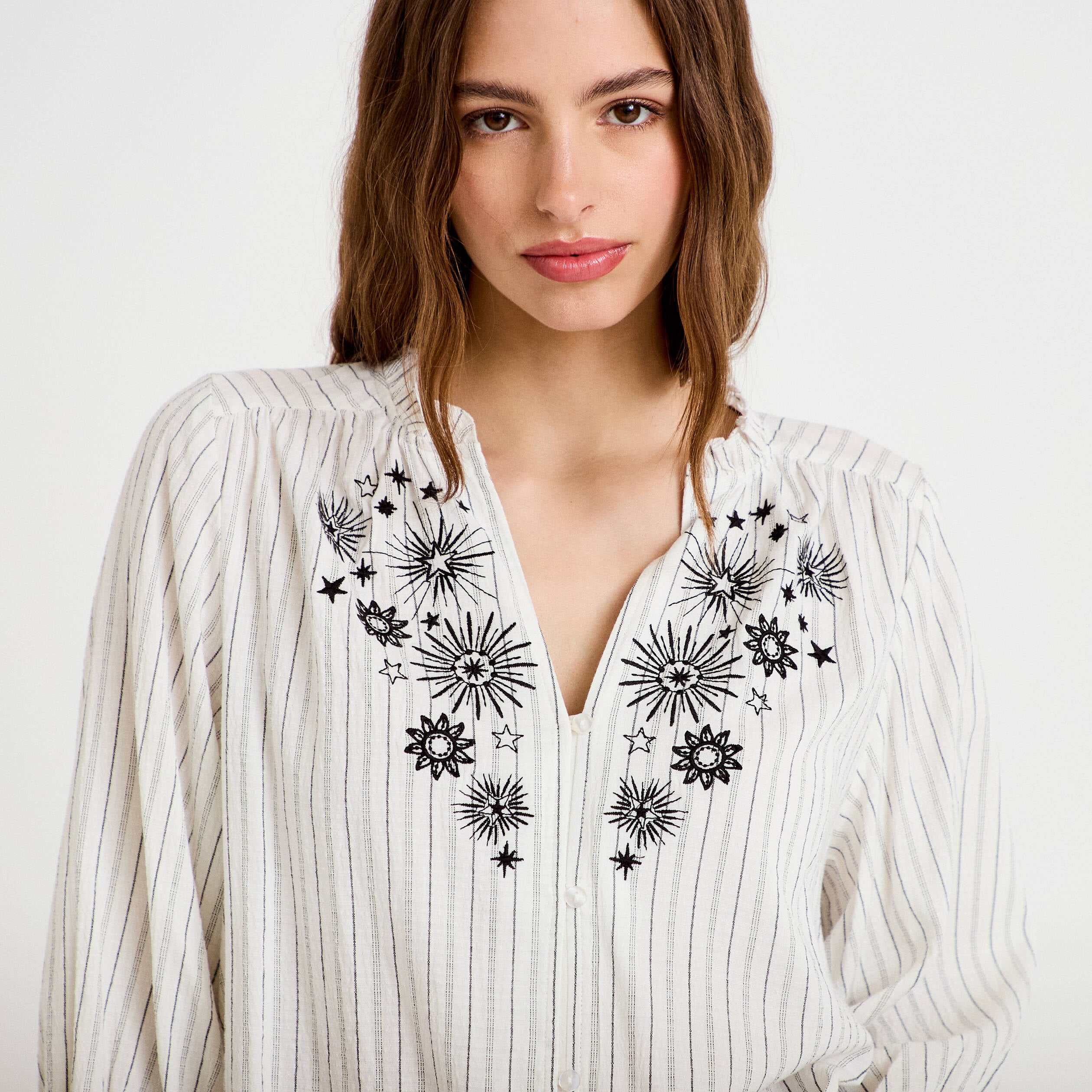 Blouse ample broderie manches 3/4 blanc femme