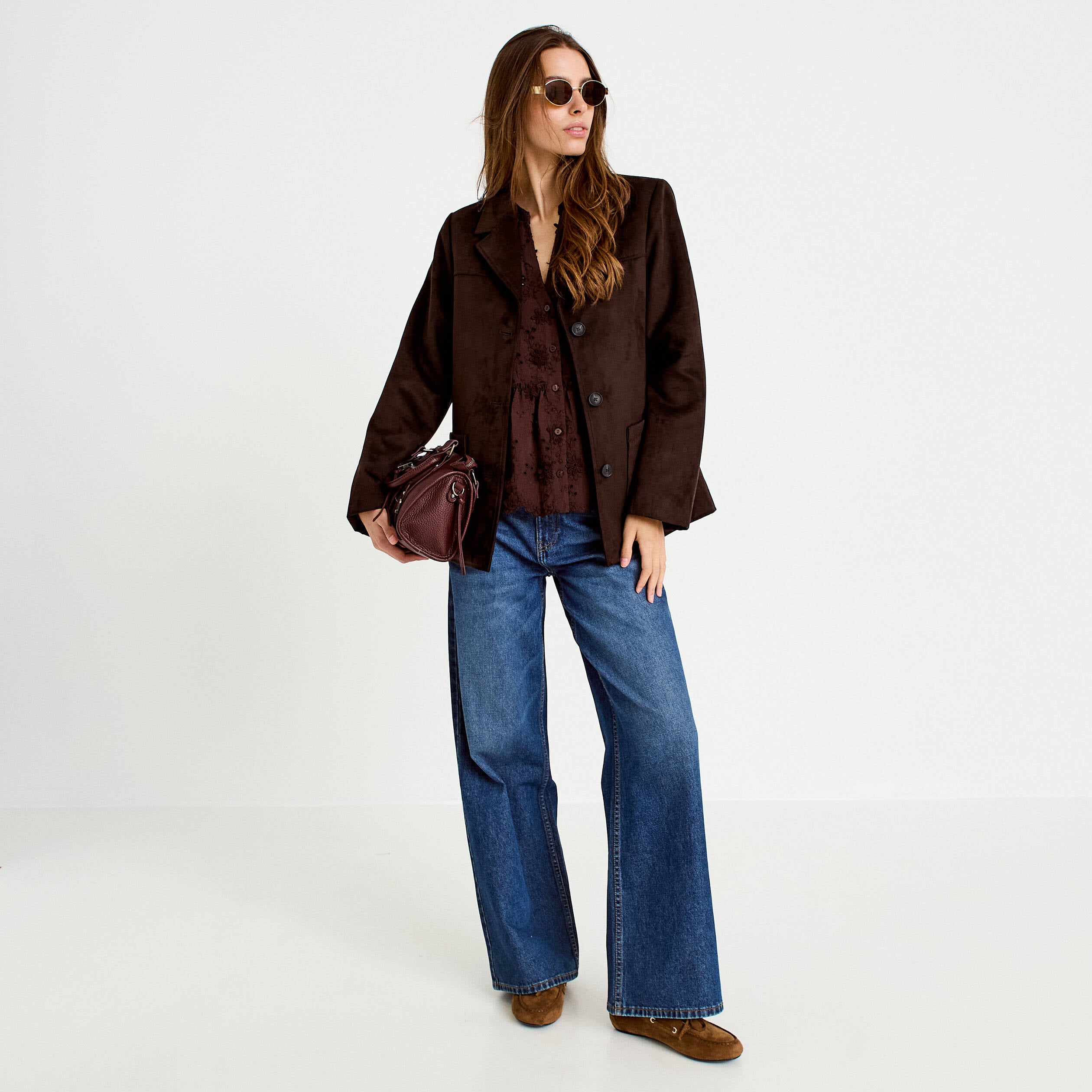 Blouse &agrave; motif en relief marron fonc&eacute; femme