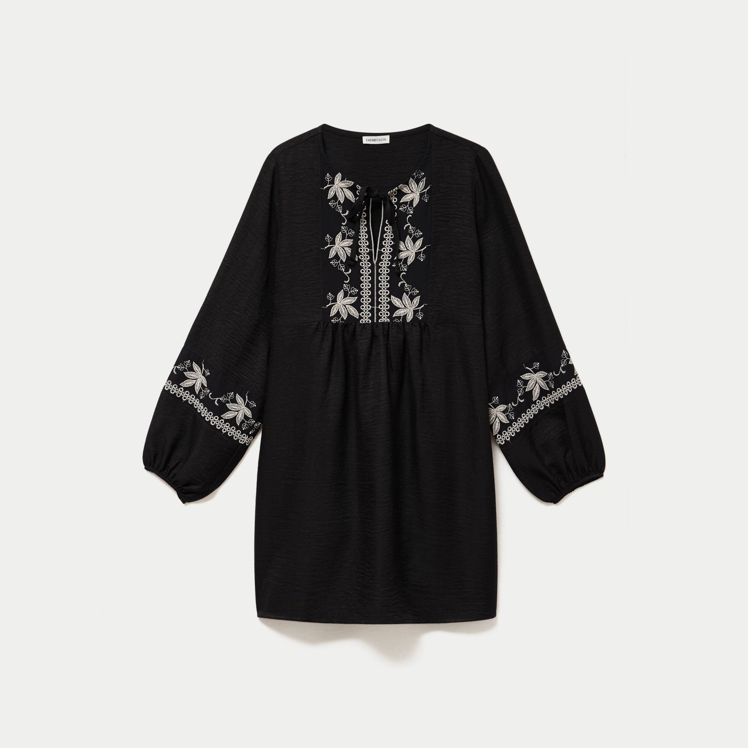 Robe brod&eacute;e en cr&ecirc;pe noir femme